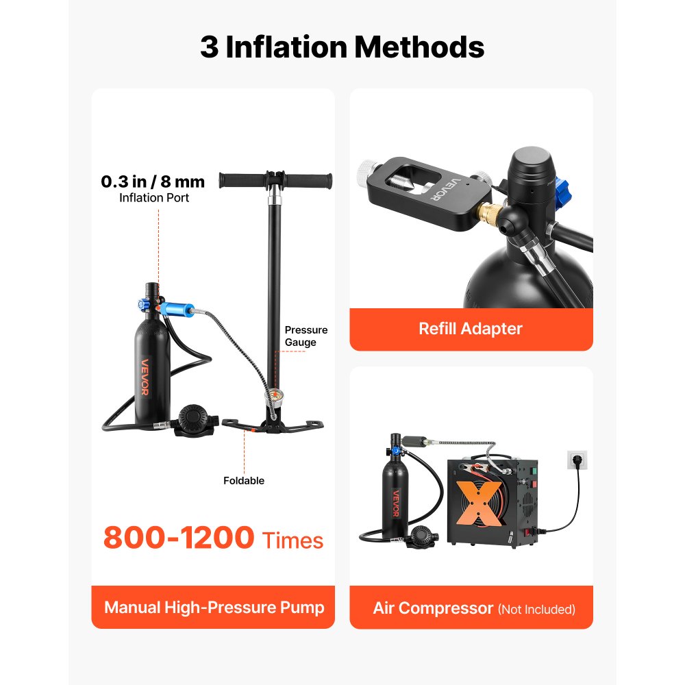 VEVOR Mini Scuba Tank, 1L Portable Diving Tank for Underwater Breathing, Reusable Lung Diving Cylinder up to 20 Minutes Dive Time, Emergency Rescue Pony Bottle with Adapter & Goggles for Snorkeling