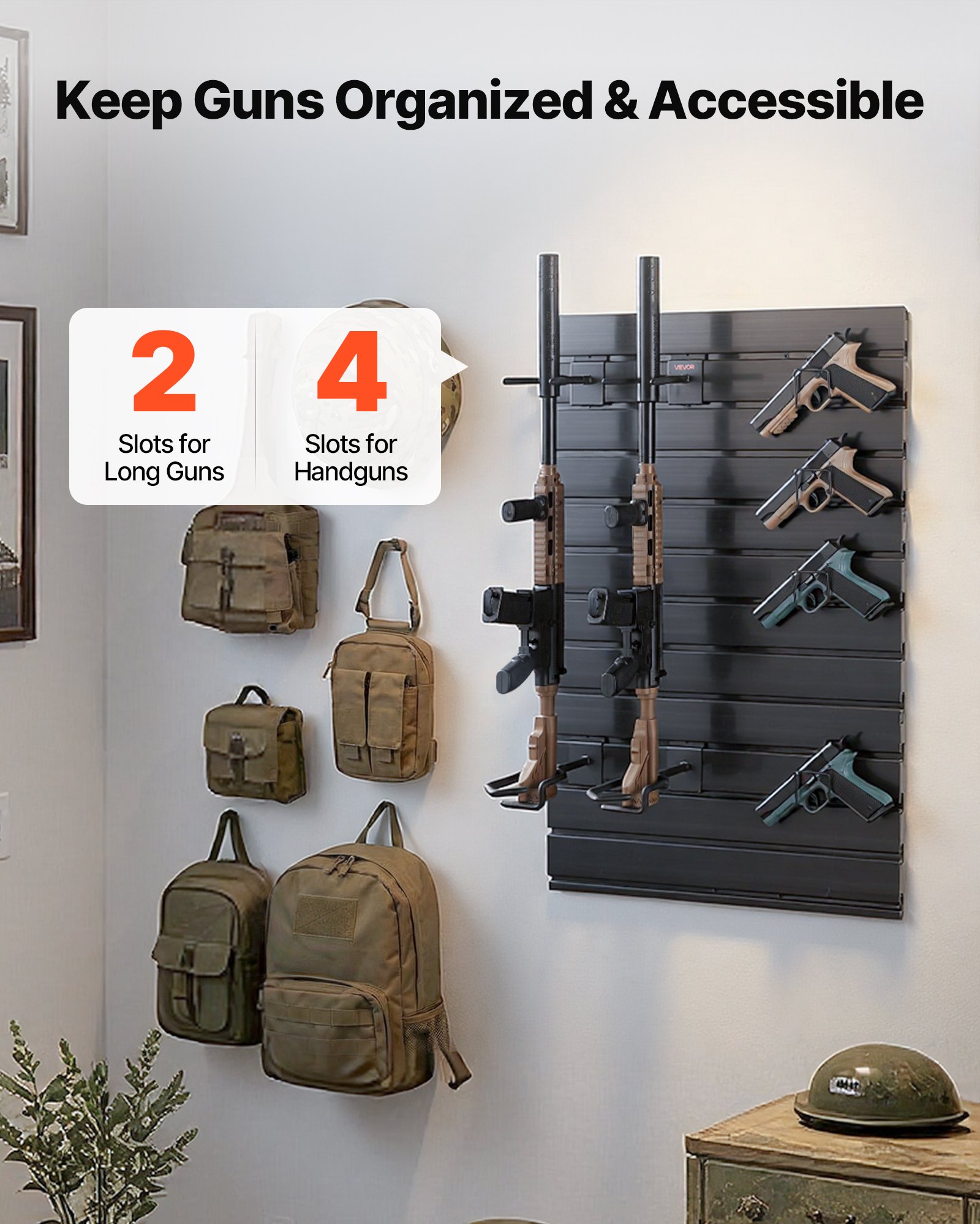 VEVOR Stojak na broń do montażu na ścianie na 2 karabiny i 4 pistolety, uchwyt na karabin z haczykami, stojak na karabin wykonany ze stali węglowej (rama) i PVC (panel tylny), modułowy system przechowywania broni