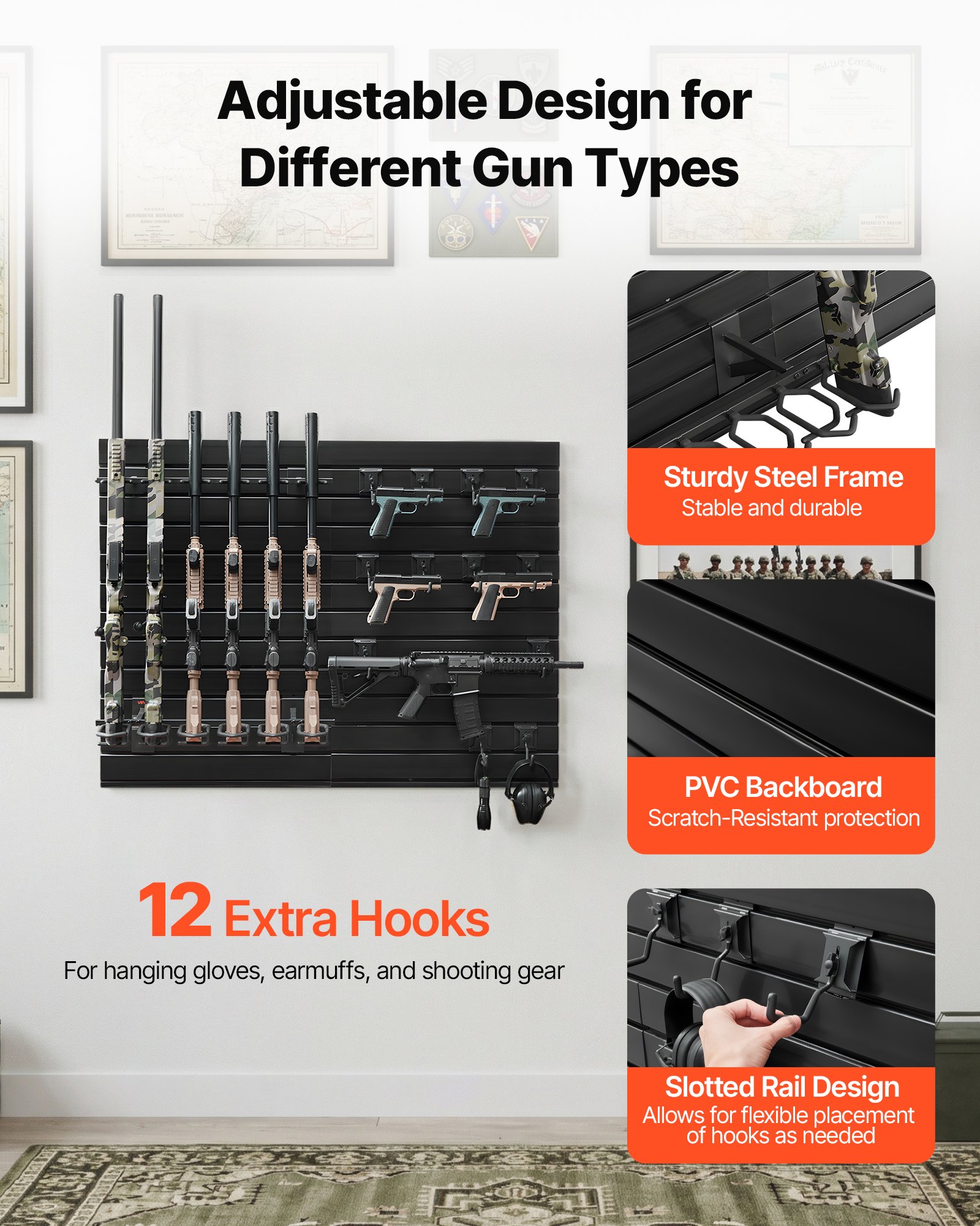 VEVOR Stojak na broń do montażu na ścianie na 6 karabinów i 6 pistoletów oraz akcesoria do broni, uchwyt na broń z hakiem G, stojak na broń wykonany ze stali węglowej (rama) i PVC (panel tylny), modułowy stojak do przechowywania broni