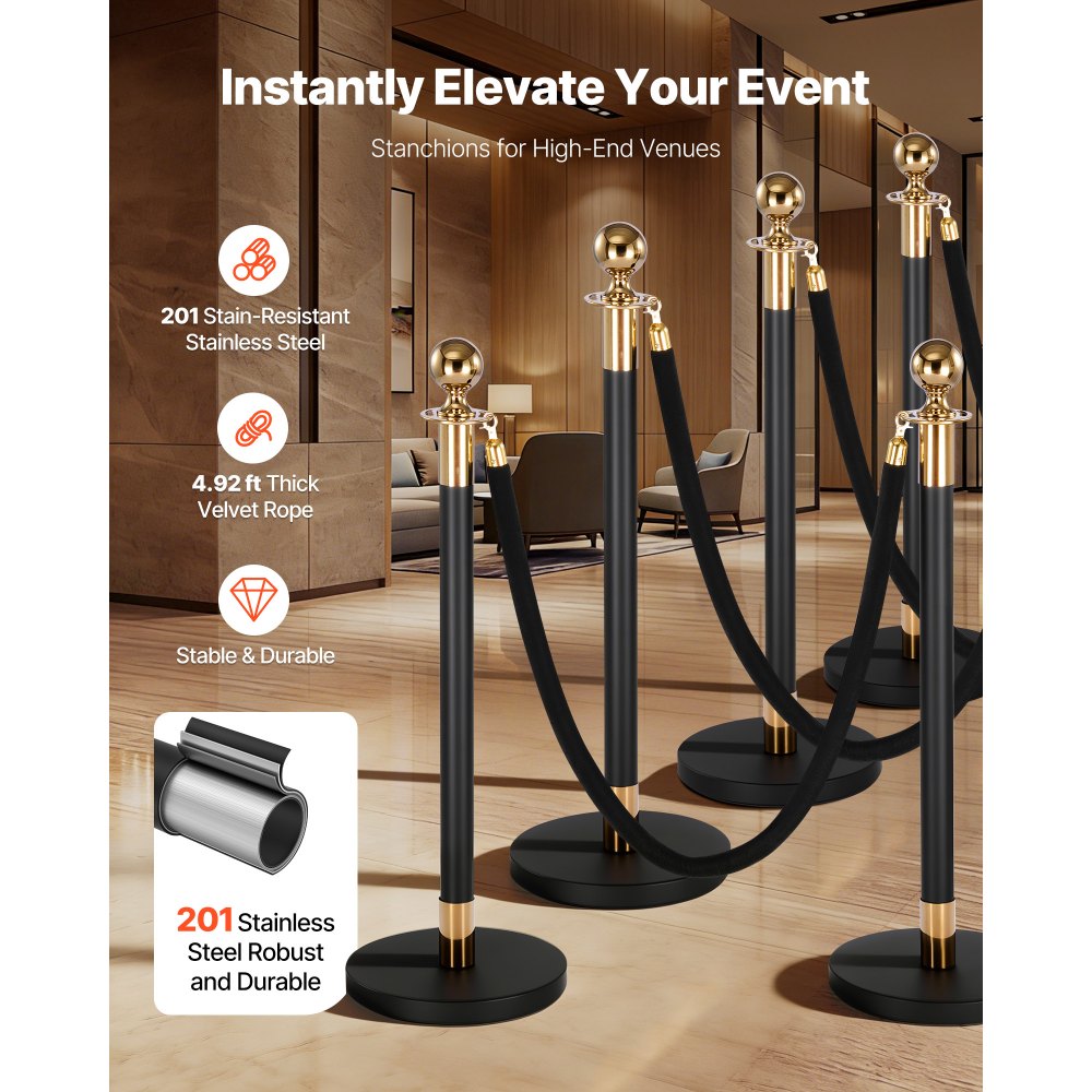 VEVOR Stanchion Post, 8 Pcs Crowd Control Barrier Set with 6 Black Velvet Ropes, Heavy Duty Stainless Steel Stanchion Post Queue with Hollow Base for Theater, Party, Wedding, Exhibition, Event (Black)
