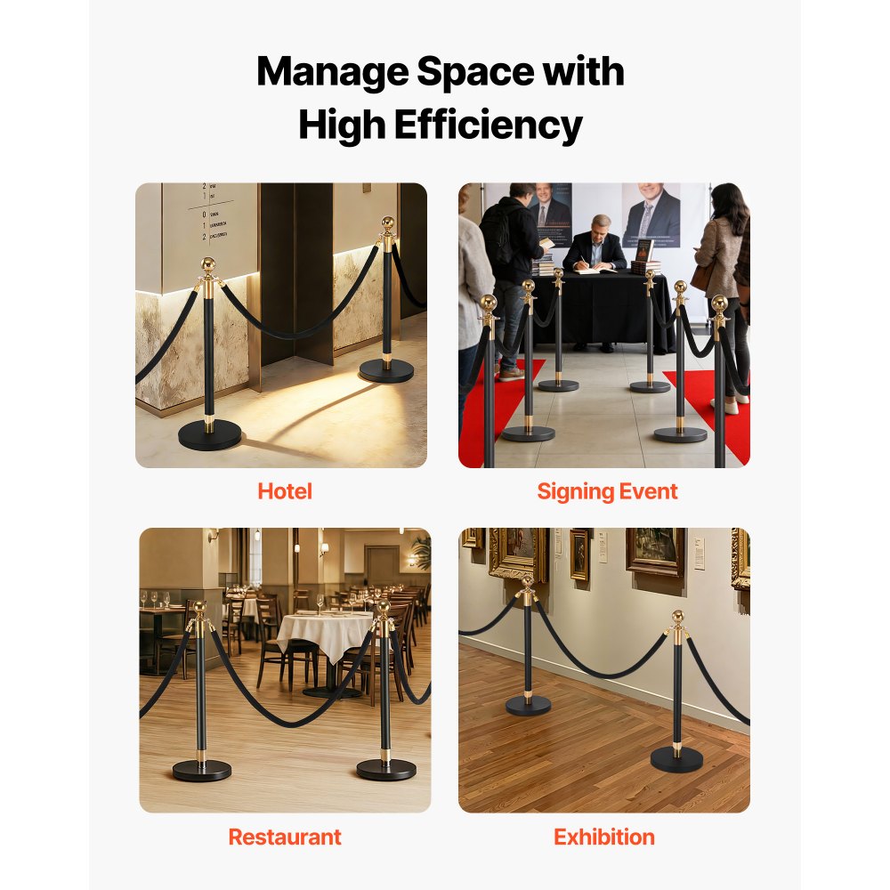 VEVOR Stanchion Post, 8 Pcs Crowd Control Barrier Set with 6 Black Velvet Ropes, Heavy Duty Stainless Steel Stanchion Post Queue with Hollow Base for Theater, Party, Wedding, Exhibition, Event (Black)