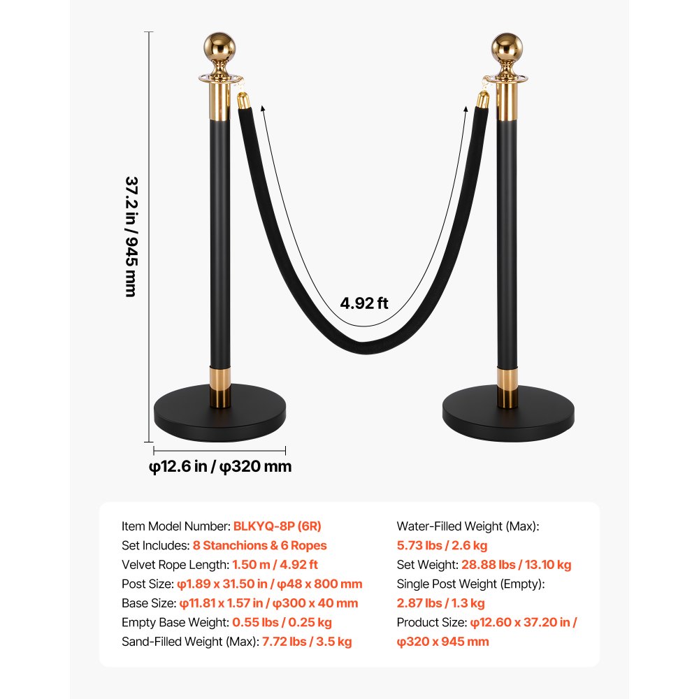 VEVOR Stanchion Post, 8 Pcs Crowd Control Barrier Set with 6 Black Velvet Ropes, Heavy Duty Stainless Steel Stanchion Post Queue with Hollow Base for Theater, Party, Wedding, Exhibition, Event (Black)