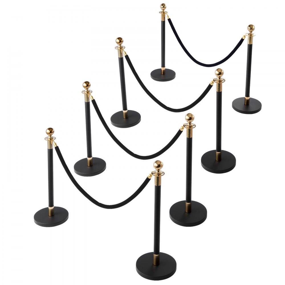 VEVOR Stanchion Post, 8 Pcs Crowd Control Barrier Set with 6 Black Velvet Ropes, Heavy Duty Stainless Steel Stanchion Post Queue with Hollow Base for Theater, Party, Wedding, Exhibition, Event (Black)