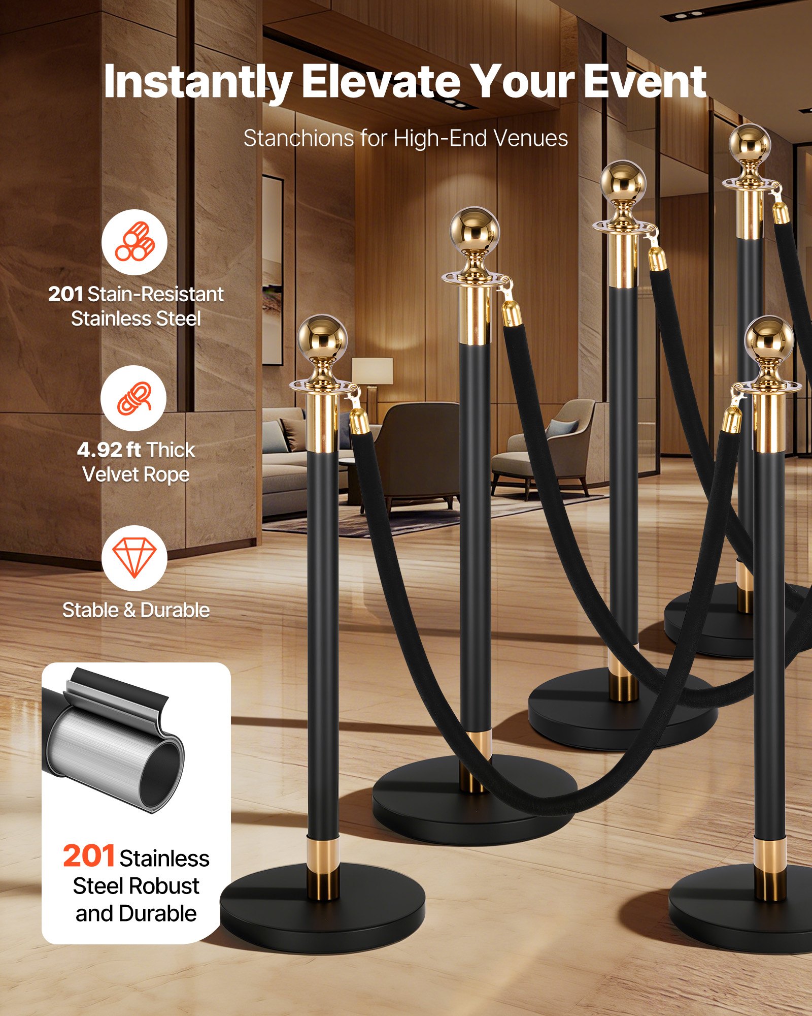 VEVOR Stanchion Post, 8 Pcs Crowd Control Barrier Set with 6 Black Velvet Ropes, Heavy Duty Stainless Steel Stanchion Post Queue with Hollow Base for Theater, Party, Wedding, Exhibition, Event (Black)