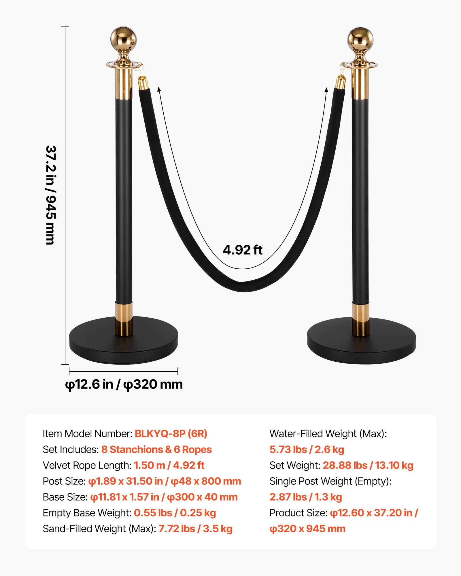 VEVOR Stanchion Post, 8 Pcs Crowd Control Barrier Set with 6 Black Velvet Ropes, Heavy Duty Stainless Steel Stanchion Post Queue with Hollow Base for Theater, Party, Wedding, Exhibition, Event (Black)