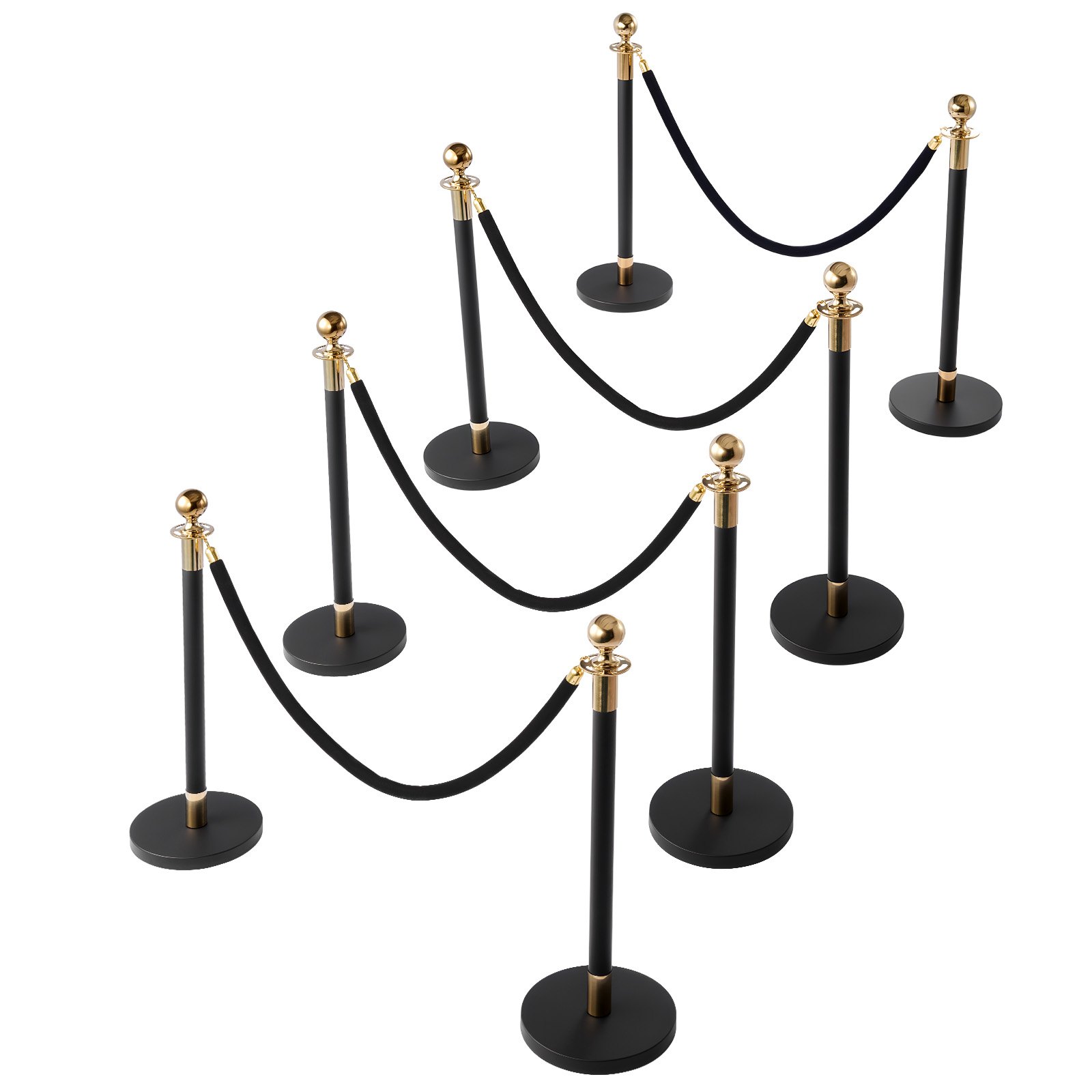 VEVOR Stanchion Post, 8 Pcs Crowd Control Barrier Set with 6 Black Velvet Ropes, Heavy Duty Stainless Steel Stanchion Post Queue with Hollow Base for Theater, Party, Wedding, Exhibition, Event (Black)