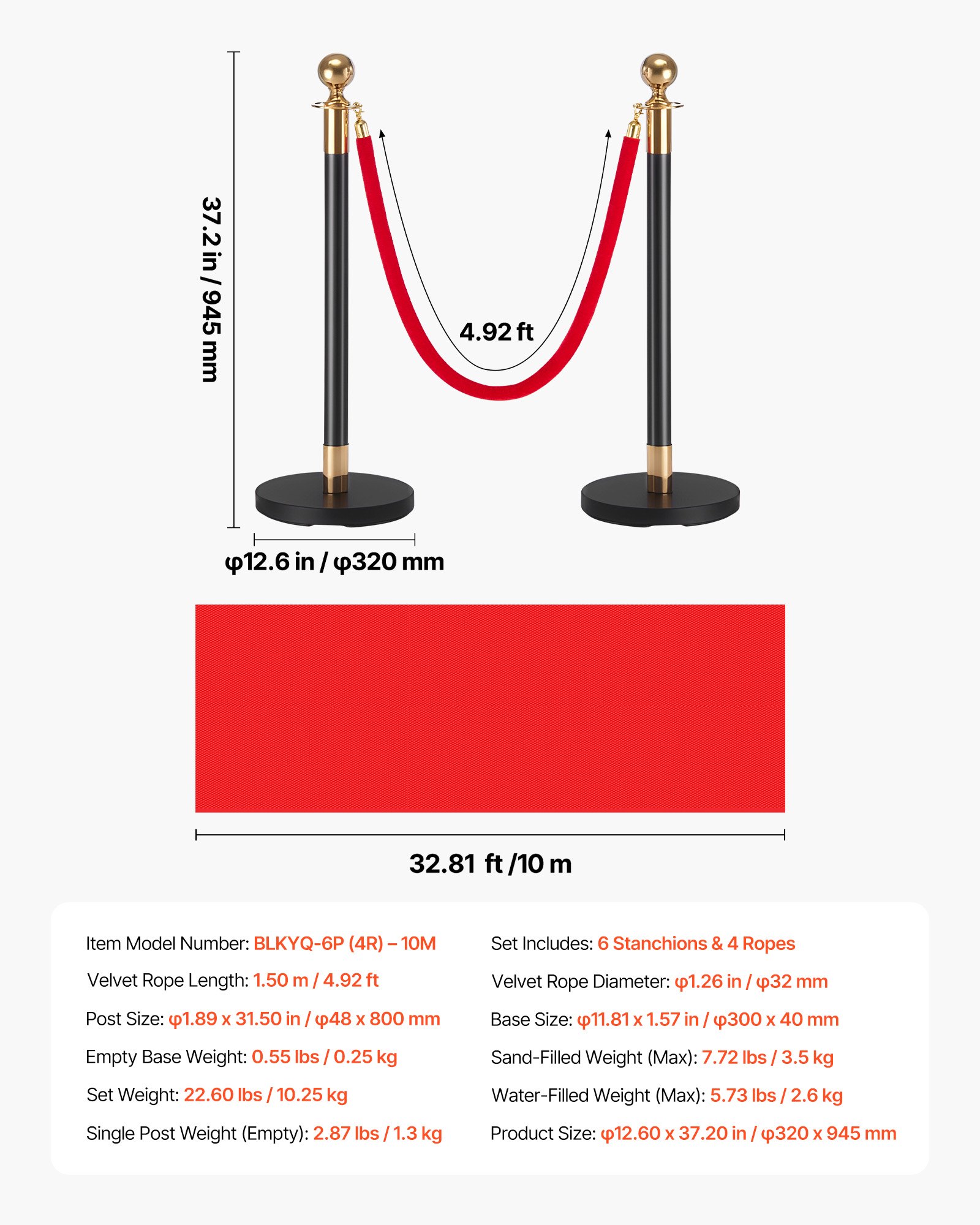 VEVOR 6-częściowy zestaw słupków do kontroli tłumu z czerwonym dywanem (10 m) i 4 czerwonymi aksamitnymi linami (1,5 m), uzupełniana podstawa na koncerty, wystawy, do hoteli, kin (czarna)