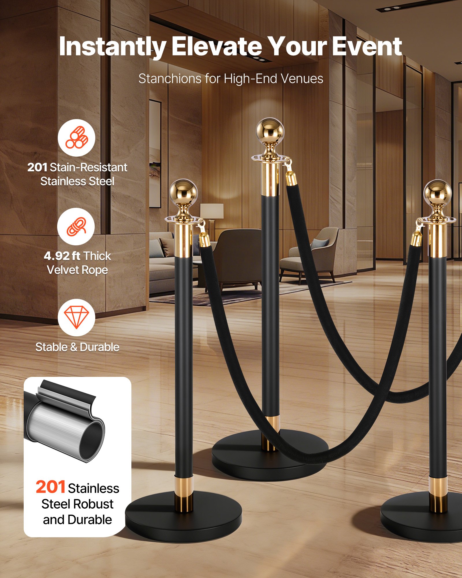 VEVOR Stanchion Post, 4 Pcs Crowd Control Barrier Set with 2 Black Velvet Ropes, Heavy Duty Stainless Steel Stanchion Post Queue with Hollow Base for Theater, Party, Wedding, Exhibition, Event (Black)