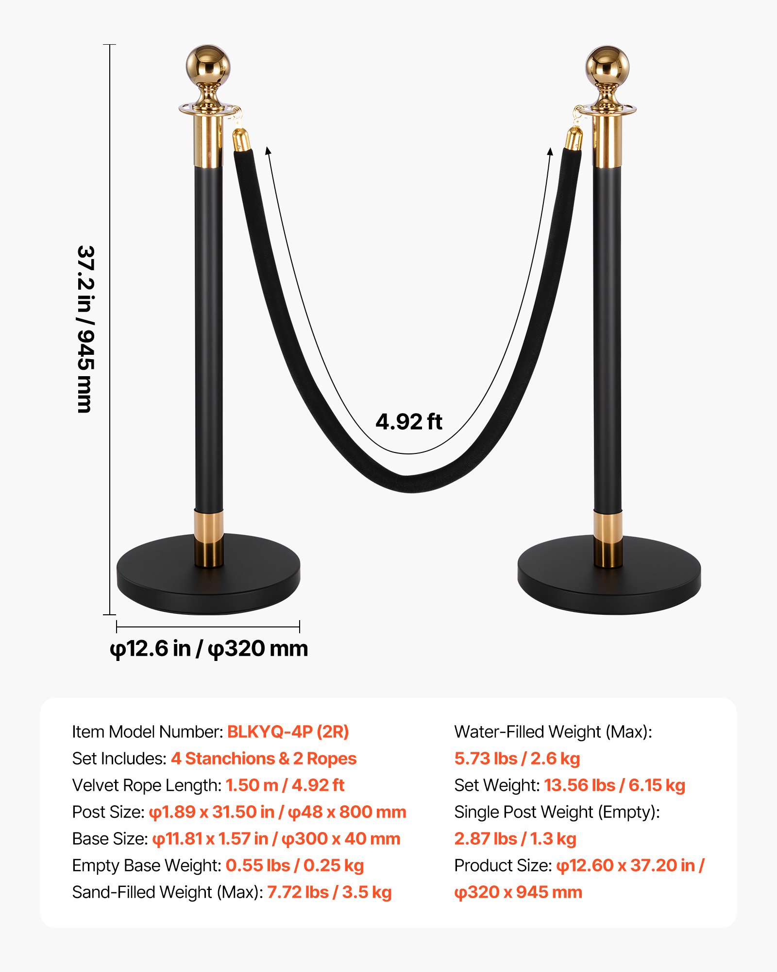VEVOR Stanchion Post, 4 Pcs Crowd Control Barrier Set with 2 Black Velvet Ropes, Heavy Duty Stainless Steel Stanchion Post Queue with Hollow Base for Theater, Party, Wedding, Exhibition, Event (Black)