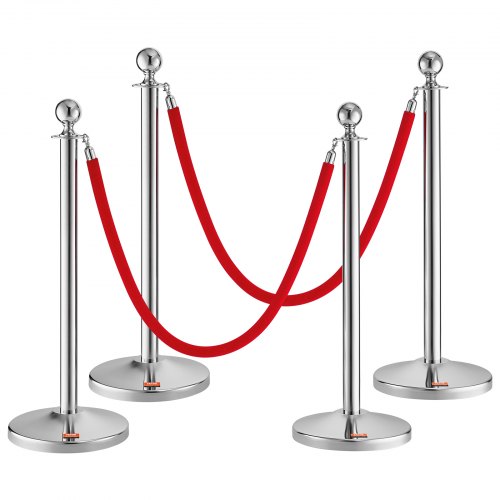Stojak barierowy VEVOR Silver z aksamitną liną, 4-częściowy system prowadzenia osób z 3 kawałkami czerwonych aksamitnych lin o długości 1,5 m, system prowadzenia osób, taśma odgradzająca ze stali nierdzewnej z wypełnianą podstawą i mocowaniem kulkowym