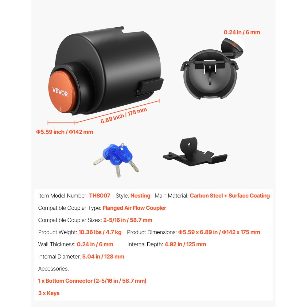 Blokada przyczepy VEVOR, Φ142 x 175 mm, kompatybilna z zaczepami 58,7 mm, blokada antykradzieżowa z 3 kluczami, odporna na korozję, blokada o wysokim poziomie bezpieczeństwa do kamperów, przyczep i łodzi