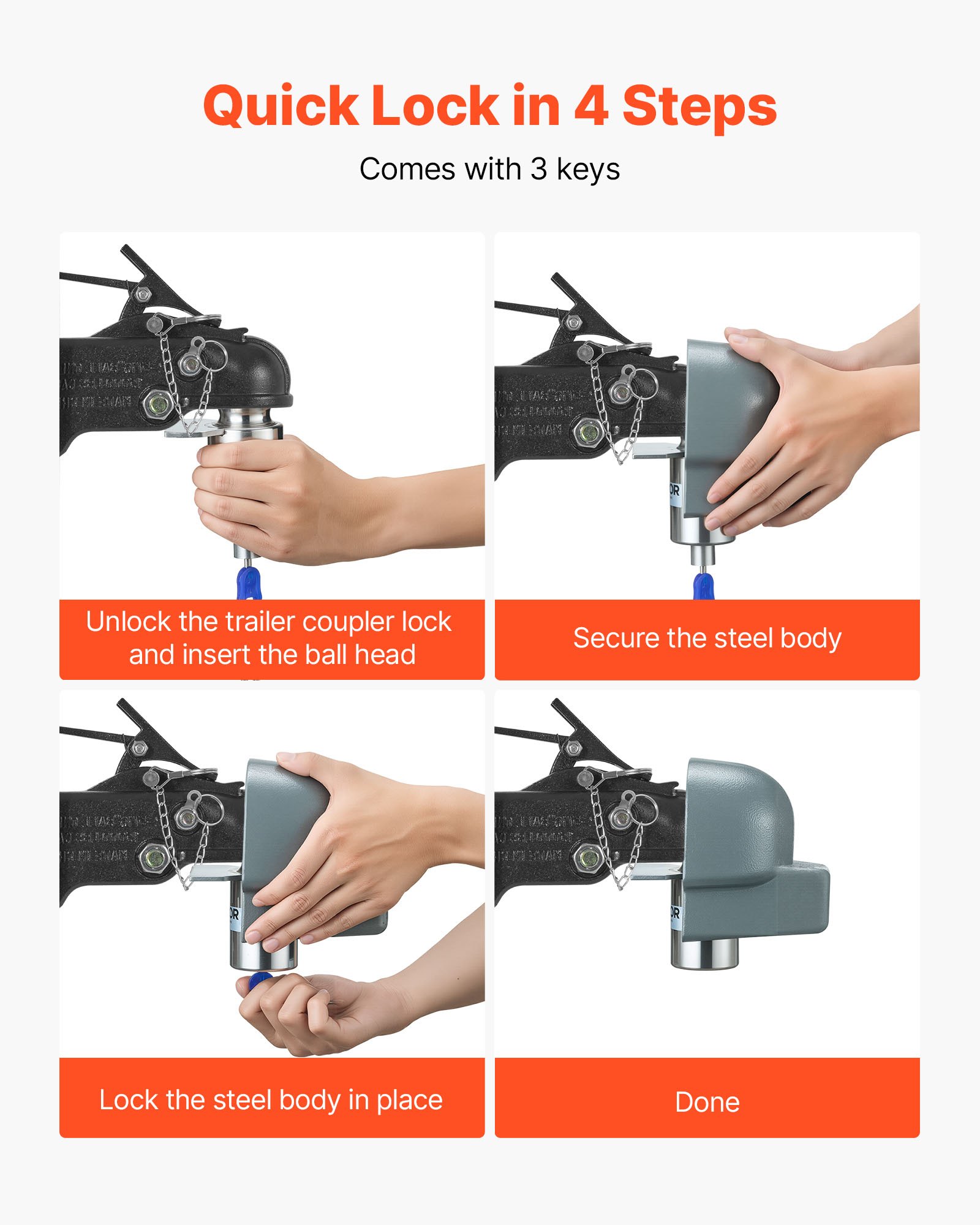 Blokada przyczepy VEVOR, kompatybilna z zaczepami Cast/Bulldog o średnicy 58,7 mm, blokada antykradzieżowa z 3 kluczami, odporna na korozję, blokada o wysokim poziomie bezpieczeństwa, do kamperów, przyczep i łodzi