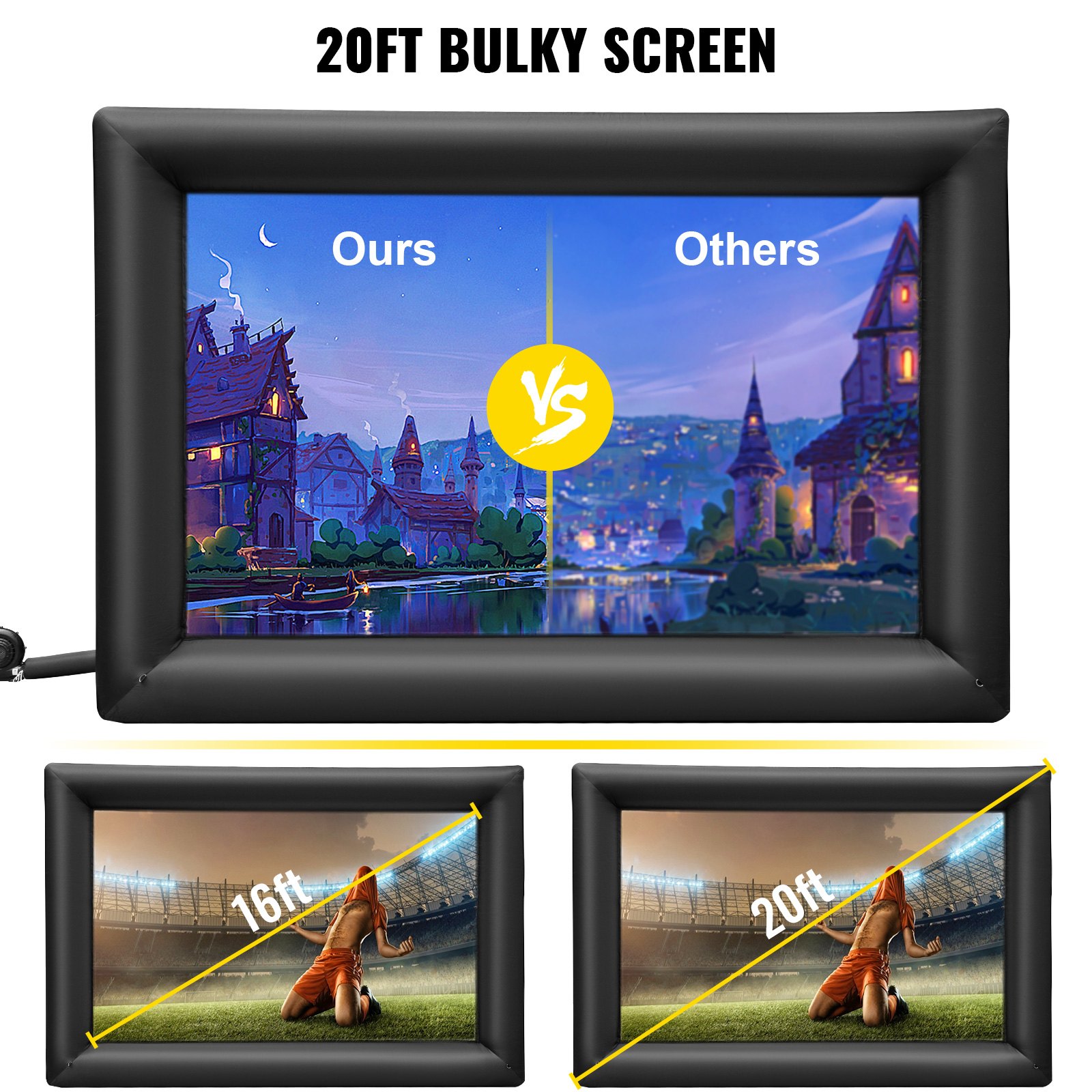 VEVOR 16:9 nadmuchiwany ekran projekcyjny z tkaniny Oxford 210D 4,2 x 2,5 m nadmuchiwany ekran zewnętrzny samopompujący z dmuchawą powietrza idealny na imprezy przy basenie, grille, urodziny, uroczystości rodzinne