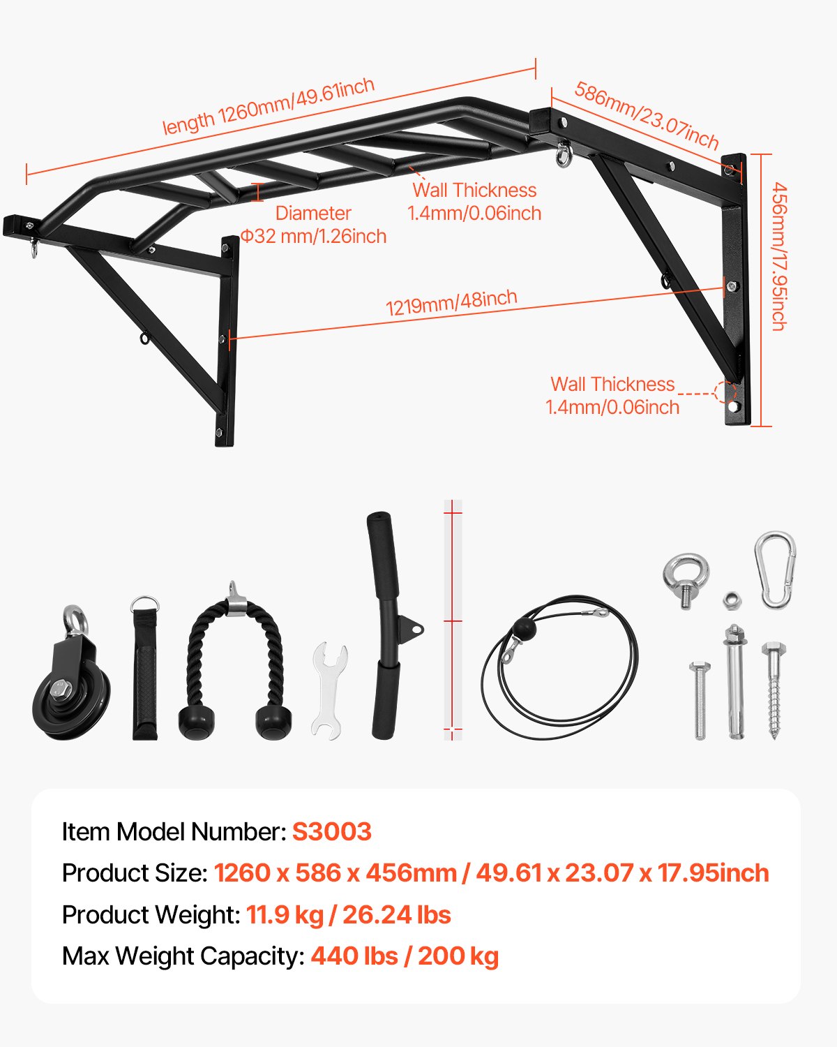 Drążek do podciągania VEVOR montowany na ścianie, szerokość 127 cm, wielofunkcyjny drążek do treningu górnej części ciała wykonany ze stali z elementami do podciągania na wysokości klatki piersiowej, stanowisko do treningu podciągania (nośność 200 kg)