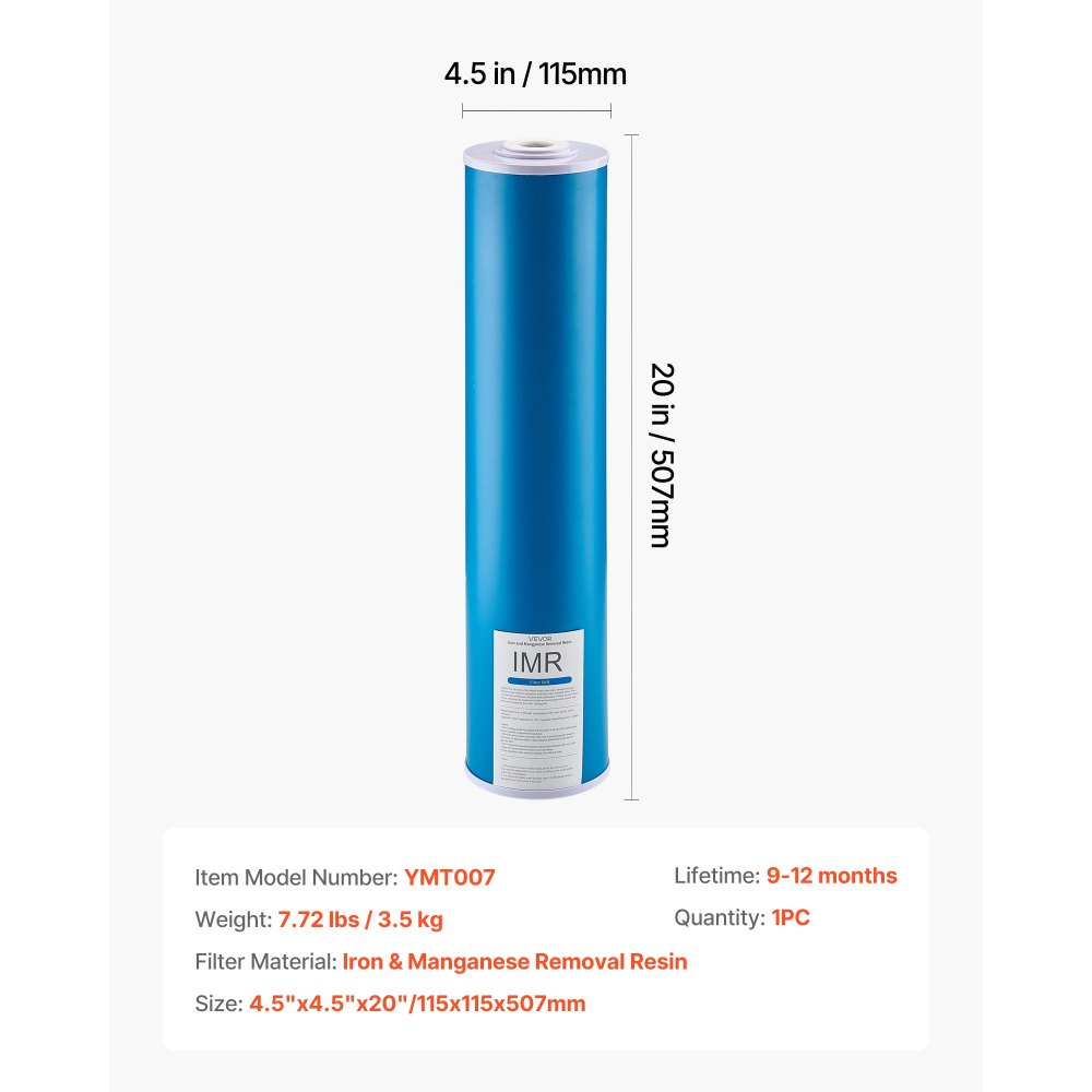 Wkład wymienny do filtra wody VEVOR, 115 x 507 mm, filtr wymienny redukujący żelazo i mangan do 3-stopniowego systemu filtracji wody, redukuje chlor oraz nieprzyjemny smak i zapach