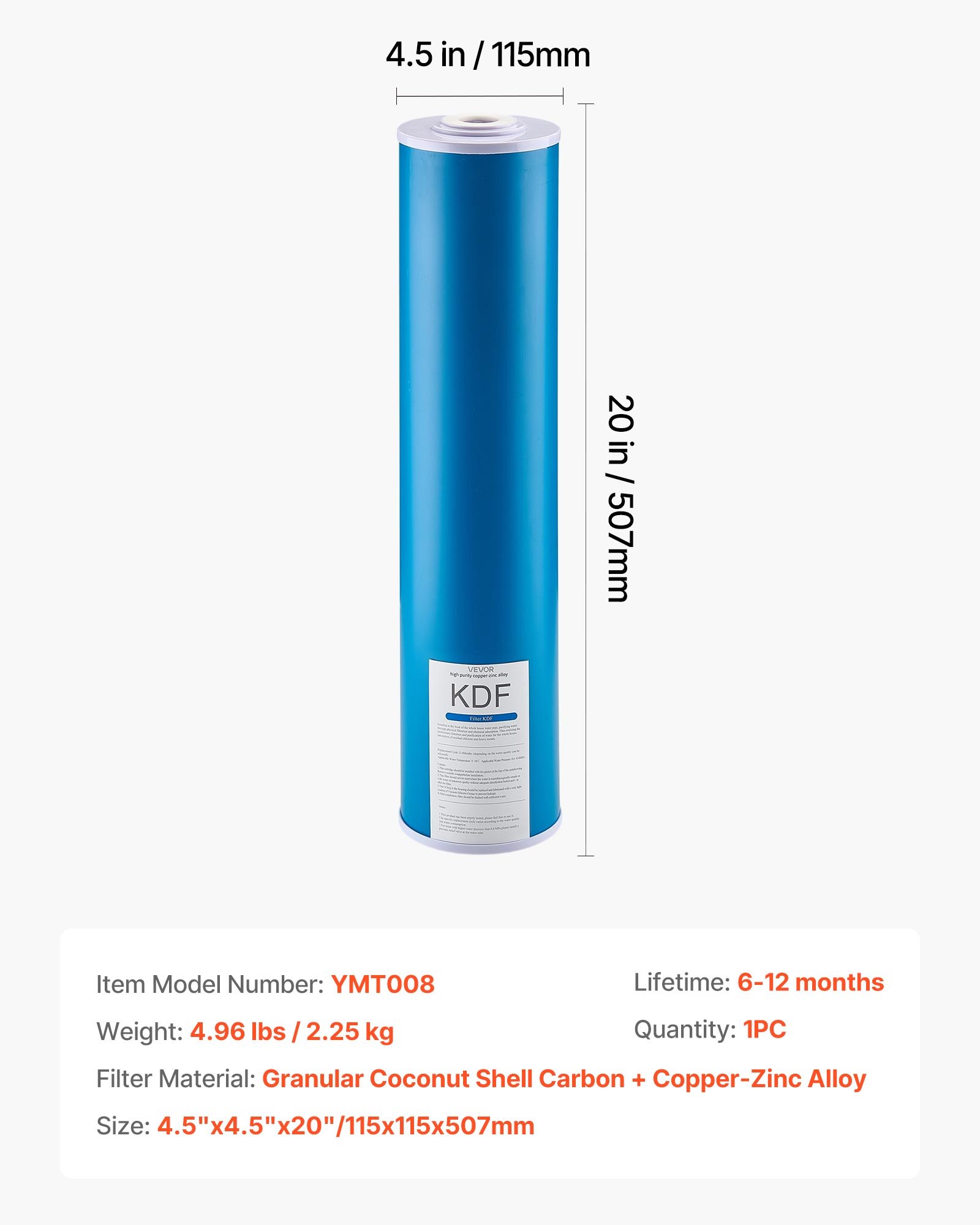 Wkład wymienny do filtra wody VEVOR do całego domu, 115 x 507 mm, filtr KDF z węglem aktywnym z łupin orzecha kokosowego do systemu filtracji wody, redukuje chlor oraz nieprzyjemny smak i zapach