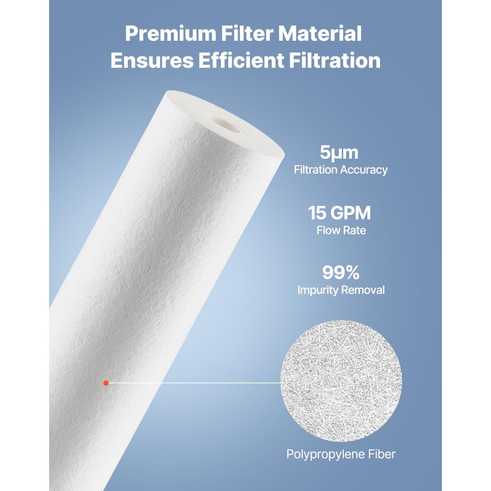 VEVOR Whole House Water Filter Replacement Cartridge, 4.5"x20"(11x51cm) Polypropylene Sediment Filter for 3-Stage Whole Home Water Filtration System, Reduce Sand, Rust, Chlorine, Taste, Odor