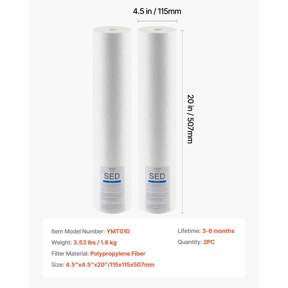 VEVOR Whole House Water Filter Replacement Cartridge, 4.5"x20"(11x51cm) Polypropylene Sediment Filter for 3-Stage Whole Home Water Filtration System, Reduce Sand, Rust, Chlorine, Taste, Odor