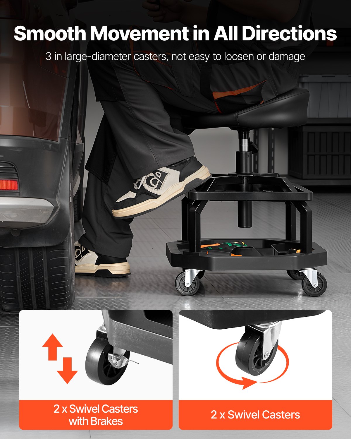 VEVOR rolling workshop stool, pneumatic garage seat with 136 kg load capacity, height-adjustable rolling seat, 360° swivel & padded workshop chair for garage and workshop