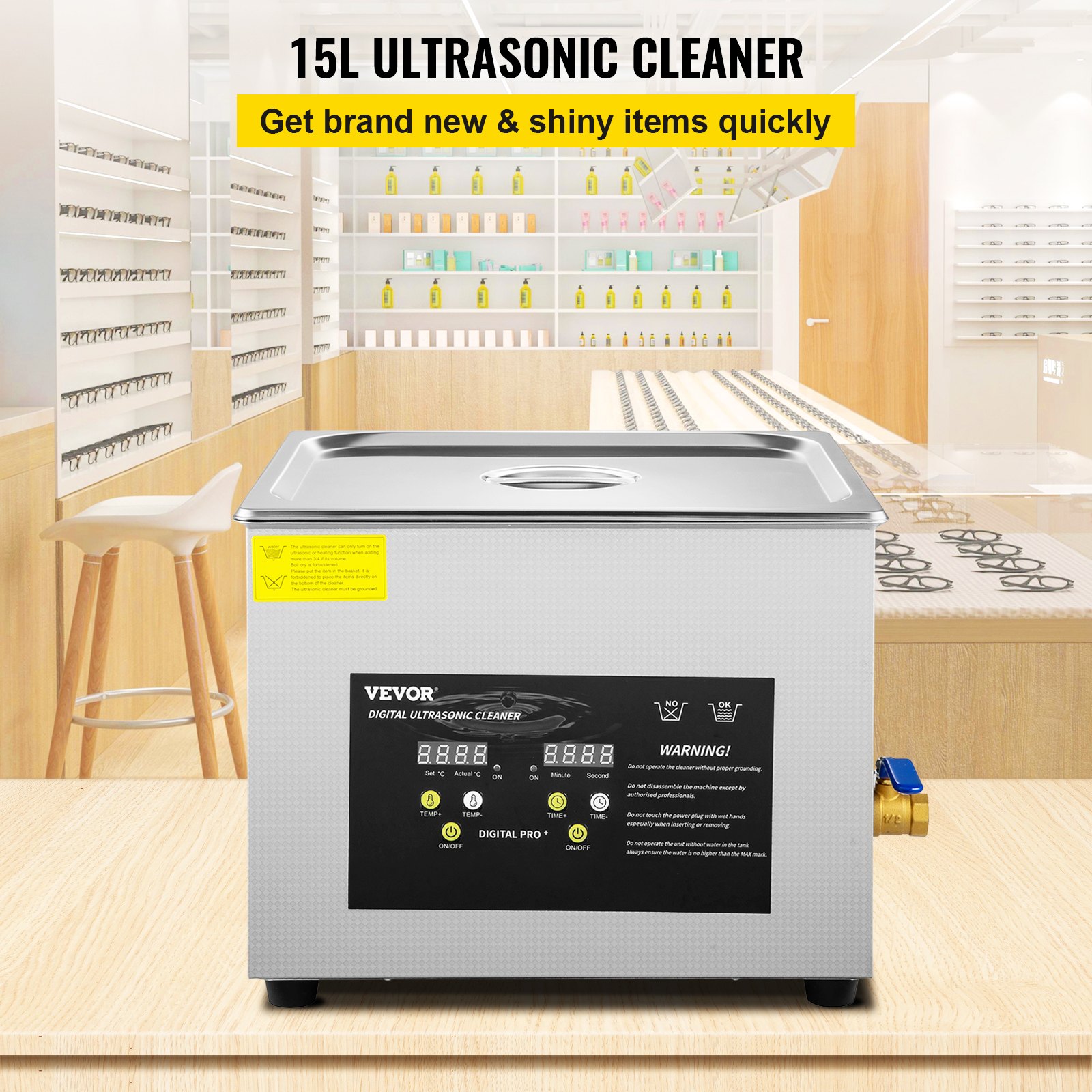 VEVOR 15L Myjka ultradźwiękowa (grzałka 600 W, ultradźwięki 360 W) Profesjonalna cyfrowa laboratoryjna myjka ultradźwiękowa z timerem nagrzewania do czyszczenia szklanych narzędzi stomatologicznych