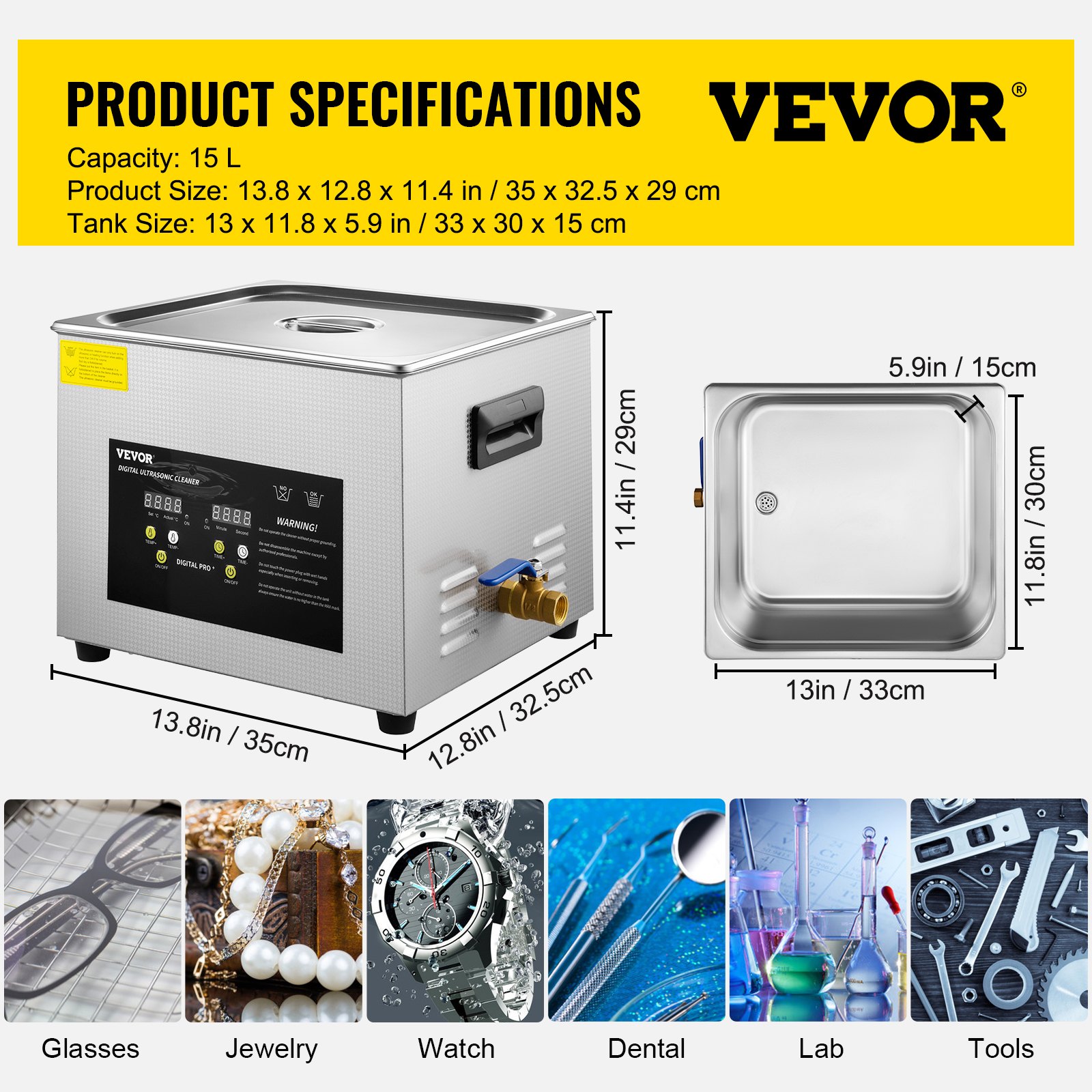 VEVOR 15L Myjka ultradźwiękowa (grzałka 600 W, ultradźwięki 360 W) Profesjonalna cyfrowa laboratoryjna myjka ultradźwiękowa z timerem nagrzewania do czyszczenia szklanych narzędzi stomatologicznych