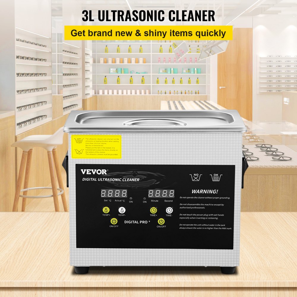 VEVOR 3L Ulepszona myjka ultradźwiękowa (grzałka 200 W, ultradźwięki 120 W) Profesjonalna cyfrowa laboratoryjna myjka ultradźwiękowa z timerem nagrzewania do czyszczenia biżuterii i szkieł
