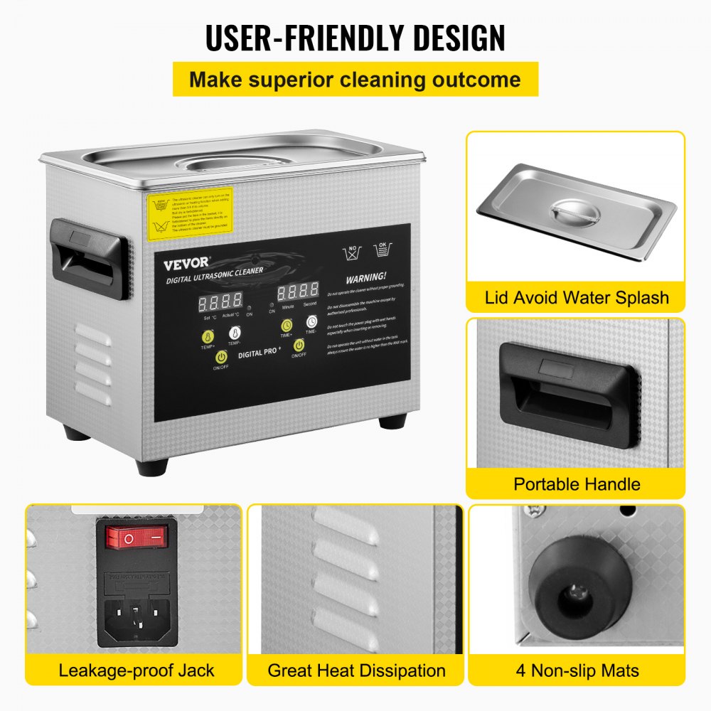 VEVOR 3L Ulepszona myjka ultradźwiękowa (grzałka 200 W, ultradźwięki 120 W) Profesjonalna cyfrowa laboratoryjna myjka ultradźwiękowa z timerem nagrzewania do czyszczenia biżuterii i szkieł