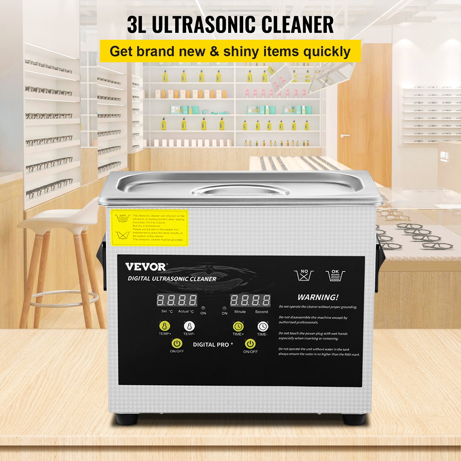 VEVOR 3L Ulepszona myjka ultradźwiękowa (grzałka 200 W, ultradźwięki 120 W) Profesjonalna cyfrowa laboratoryjna myjka ultradźwiękowa z timerem nagrzewania do czyszczenia biżuterii i szkieł