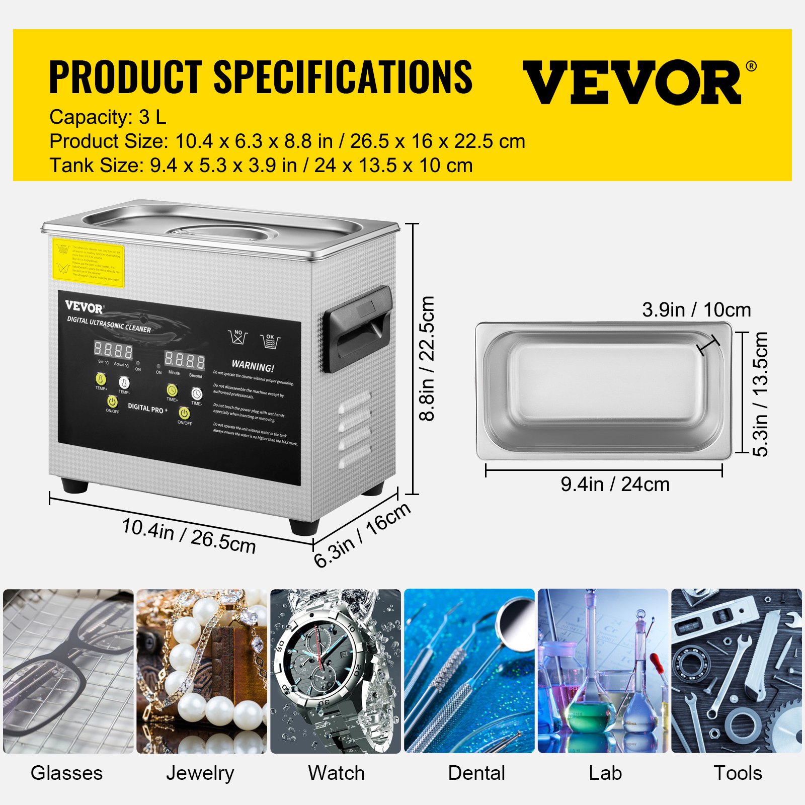 VEVOR 3L Ulepszona myjka ultradźwiękowa (grzałka 200 W, ultradźwięki 120 W) Profesjonalna cyfrowa laboratoryjna myjka ultradźwiękowa z timerem nagrzewania do czyszczenia biżuterii i szkieł