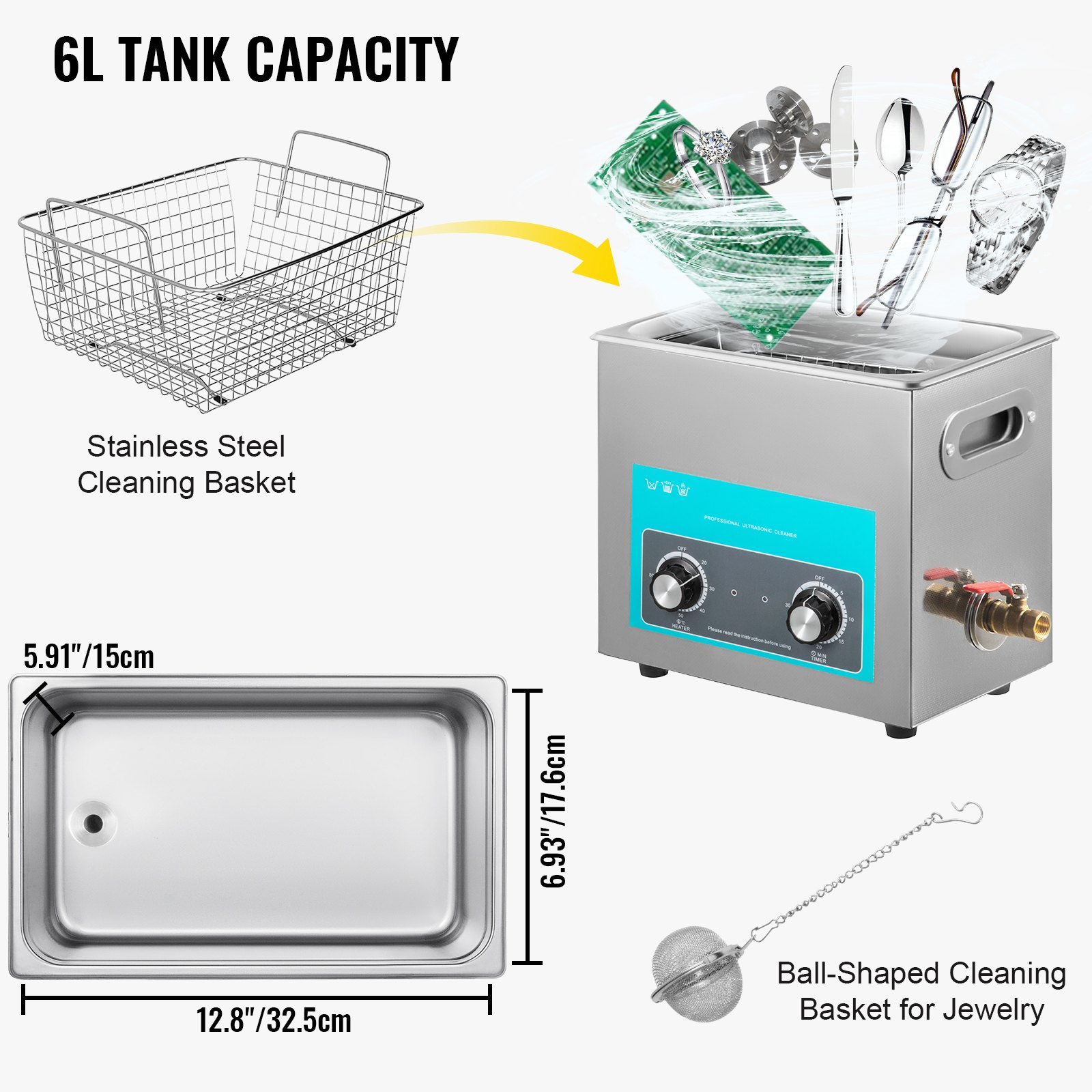 Myjka ultradźwiękowa z pokrętłem VEVOR 6,5 l, urządzenie do czyszczenia ultradźwiękowego 220 V, myjka ultradźwiękowa z grzałką, myjka do biżuterii ultradźwiękowa 40 kHz, cyfrowa myjka ultradźwiękowa 300 W