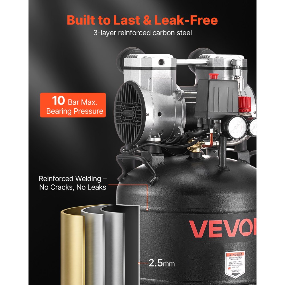 VEVOR 30L Air Compressor, 1.5KW 113L/min at 6.2 Bar Air Compressors, Max 10 Bar Pressure Oil-Free Compressor Tank for Auto Repair, Tire Inflation, Spray Painting, Woodwork Nailing