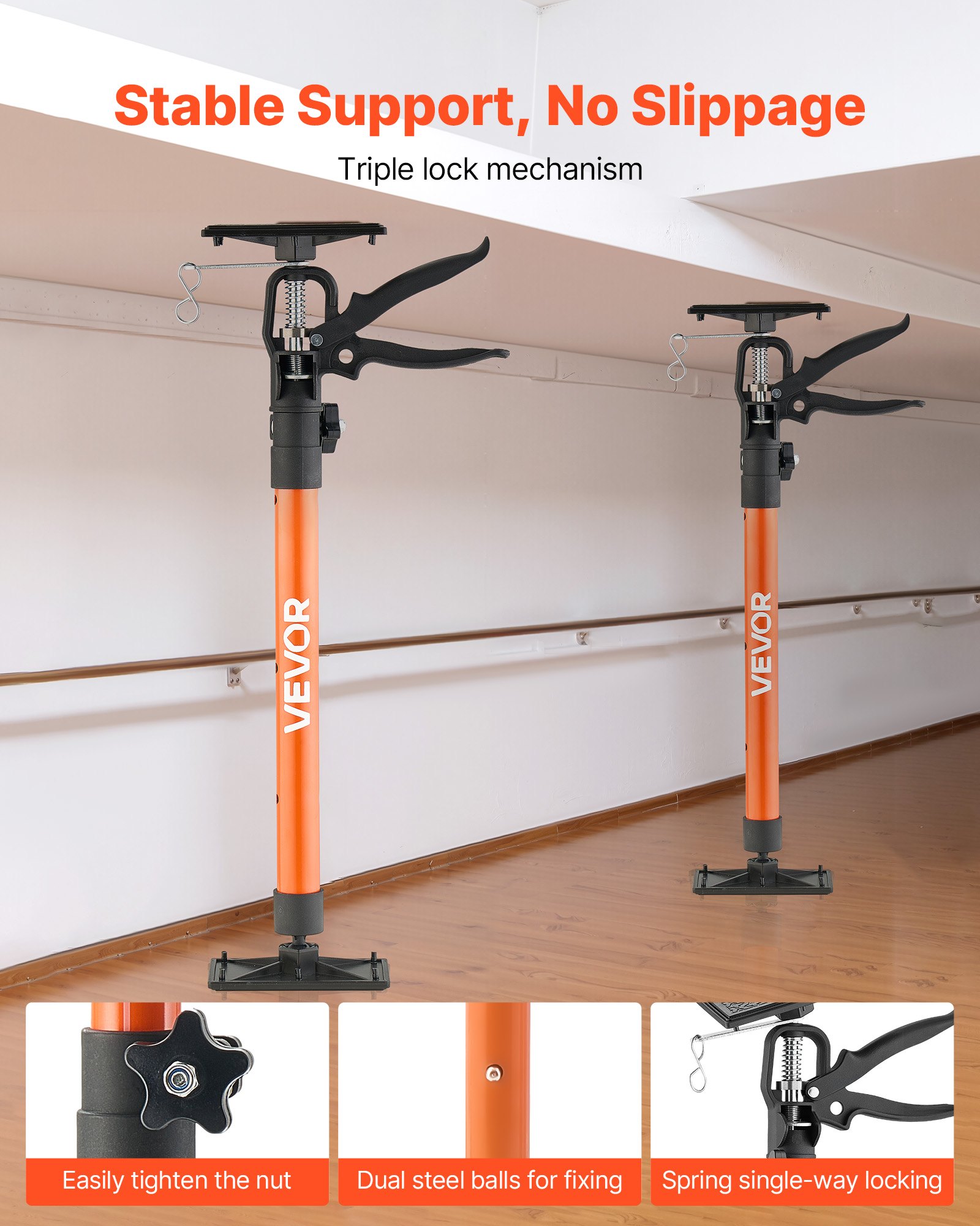 VEVOR Jednoręczny wspornik sufitowy, 2 sztuki, teleskopowy wspornik stalowy o długości 53–155 cm, wspornik montażowy o udźwigu do 70 kg do montażu szafek, podnoszenia płyt gipsowo-kartonowych, słupków ładunkowych