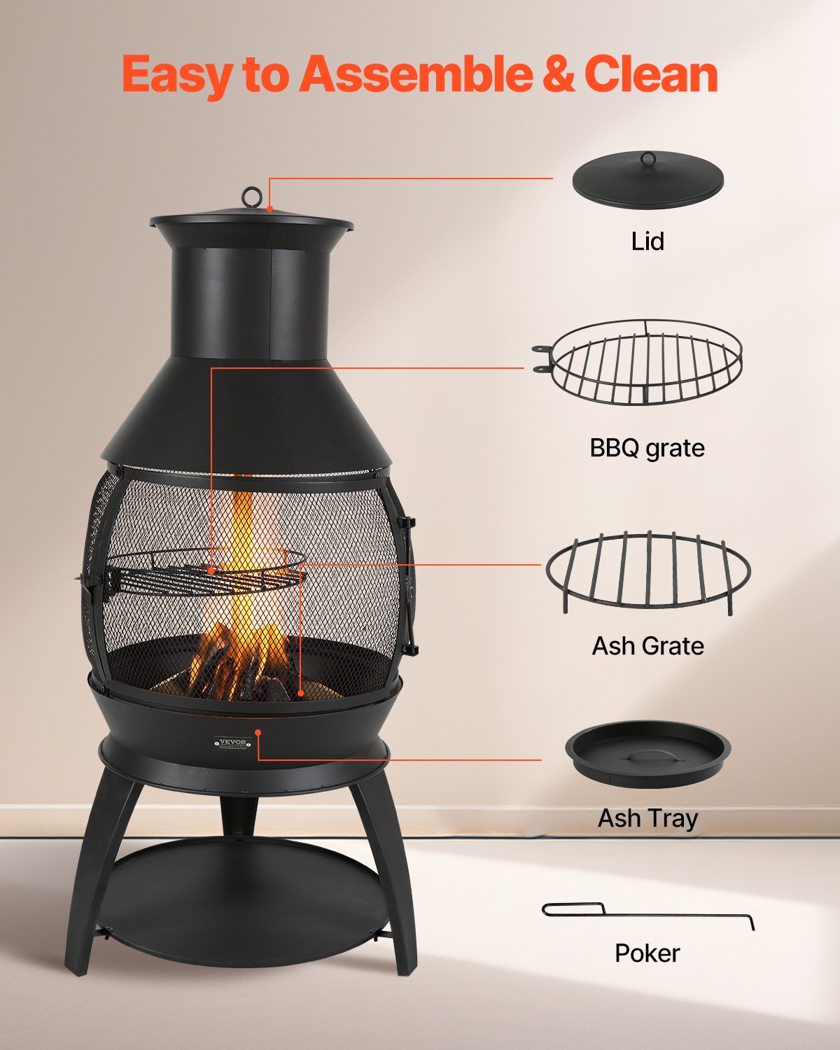 VEVOR Garden Fireplace, φ500x1100mm Patio Heater, Aztec Iron Oven for Grilling & Heating, Chimenea Fire Pit with Grill Grate, Fireplace Casing & Stainless Steel Chimney Cap, for Patio, Garden, Backyard