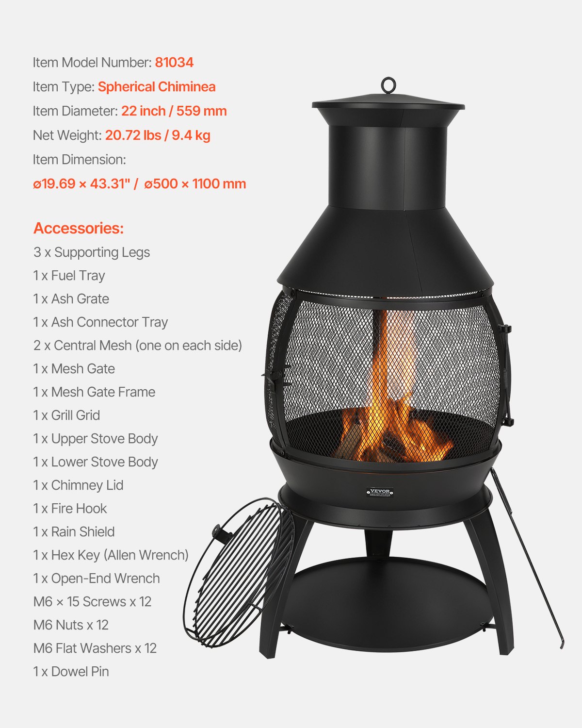 VEVOR Garden Fireplace, φ500x1100mm Patio Heater, Aztec Iron Oven for Grilling & Heating, Chimenea Fire Pit with Grill Grate, Fireplace Casing & Stainless Steel Chimney Cap, for Patio, Garden, Backyard