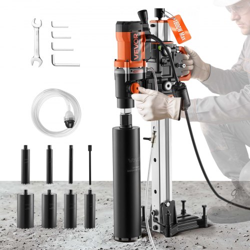 Wiertarka rdzeniowa VEVOR o mocy 2500 W z 8 wiertłami o średnicy 25–202 mm, do wiercenia na sucho i na mokro, z silnikiem bezszczotkowym, ze stojakiem do wiertarki rdzeniowej, 810/1340 obr./min, gwint UNC1 1/4–7 do betonu, cegły i kamienia