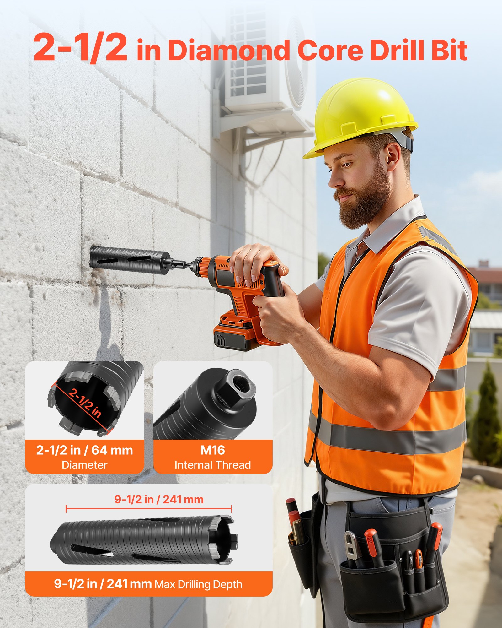 Wiertło rdzeniowe VEVOR, średnica 64 mm, głębokość wiercenia 241 mm, gwint wewnętrzny M16, wiertło rdzeniowe diamentowe do wiercenia na sucho z 3 adapterami, wiertło prowadzące, klucz imbusowy do betonu zbrojonego, cegły, muru