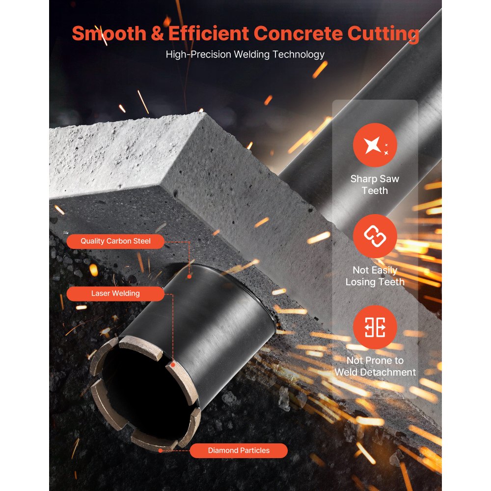 Wiertło rdzeniowe VEVOR, średnica 63,5 mm, głębokość wiercenia 356 mm, gwint wewnętrzny 1-1/4 cala-7, technologia spawania o wysokiej precyzji, wiertło rdzeniowe diamentowe do wiercenia na mokro w betonie zbrojonym, cegle i murze