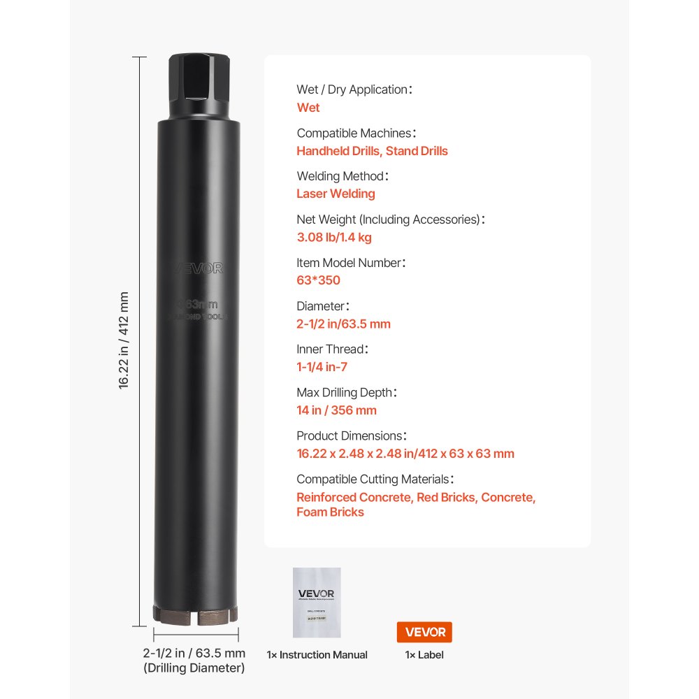 Wiertło rdzeniowe VEVOR, średnica 63,5 mm, głębokość wiercenia 356 mm, gwint wewnętrzny 1-1/4 cala-7, technologia spawania o wysokiej precyzji, wiertło rdzeniowe diamentowe do wiercenia na mokro w betonie zbrojonym, cegle i murze
