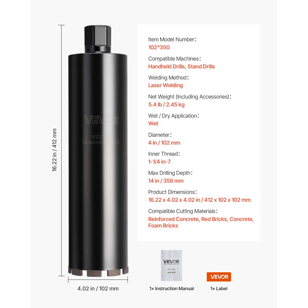 Wiertło rdzeniowe VEVOR, średnica 102 mm, głębokość wiercenia 356 mm, gwint wewnętrzny 1-1/4 cala-7, technologia spawania o wysokiej precyzji, wiertło rdzeniowe diamentowe do wiercenia na mokro w betonie zbrojonym, cegle i murze