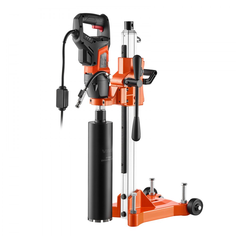 Wiertnica diamentowa VEVOR ze stojakiem i 4 wiertłami do 132 mm, wiertarka rdzeniowa do pracy na sucho/mokro o mocy 1800 W, urządzenie 2 w 1, przenośne/statywowe, podstawa na kółkach, gwint UNC1 1/4-7 do betonu, cegły i kamienia