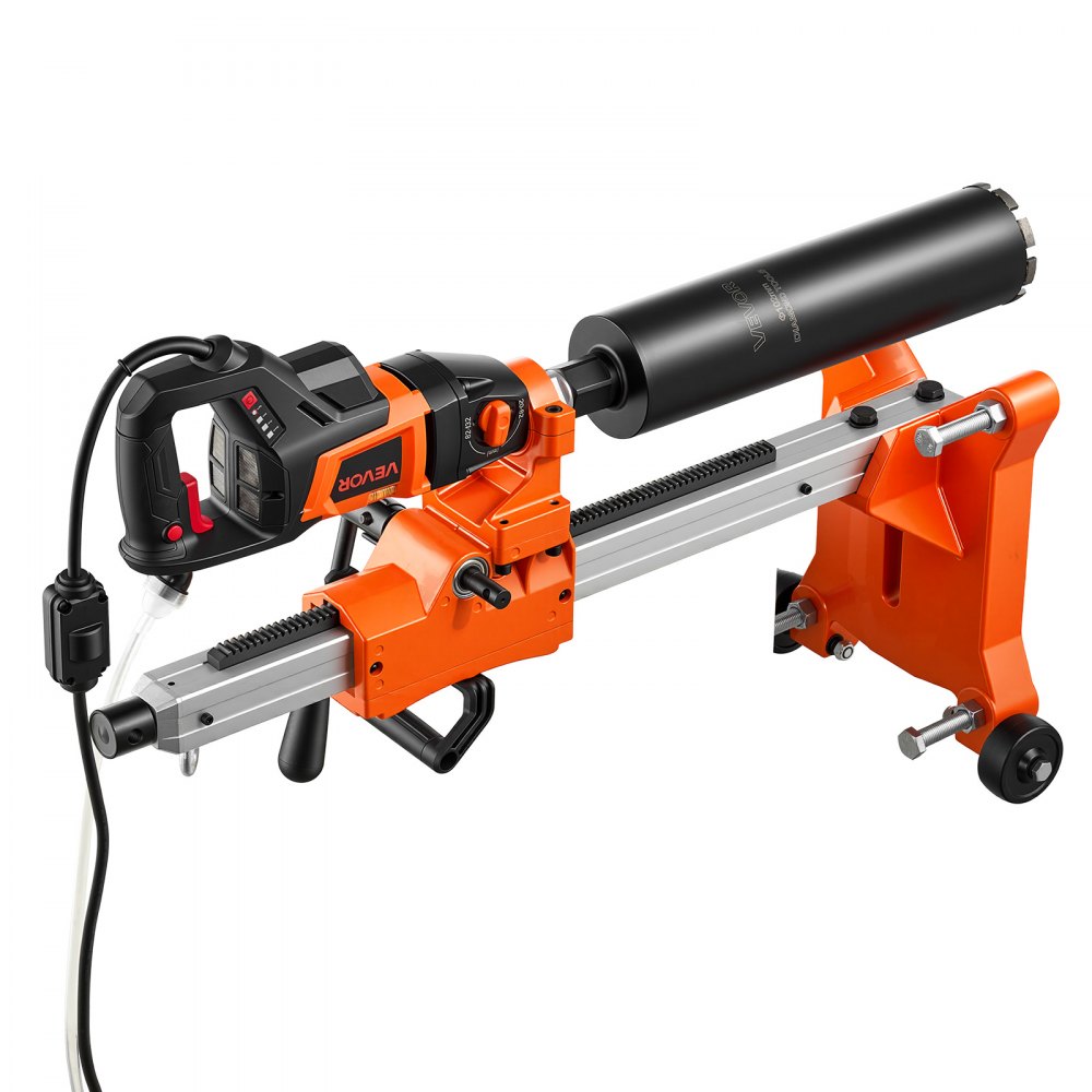 Wiertnica diamentowa VEVOR ze stojakiem i 4 wiertłami do 132 mm, wiertarka rdzeniowa do pracy na sucho/mokro o mocy 1800 W, urządzenie 2 w 1, przenośne/statywowe, podstawa na kółkach, gwint UNC1 1/4-7 do betonu, cegły i kamienia