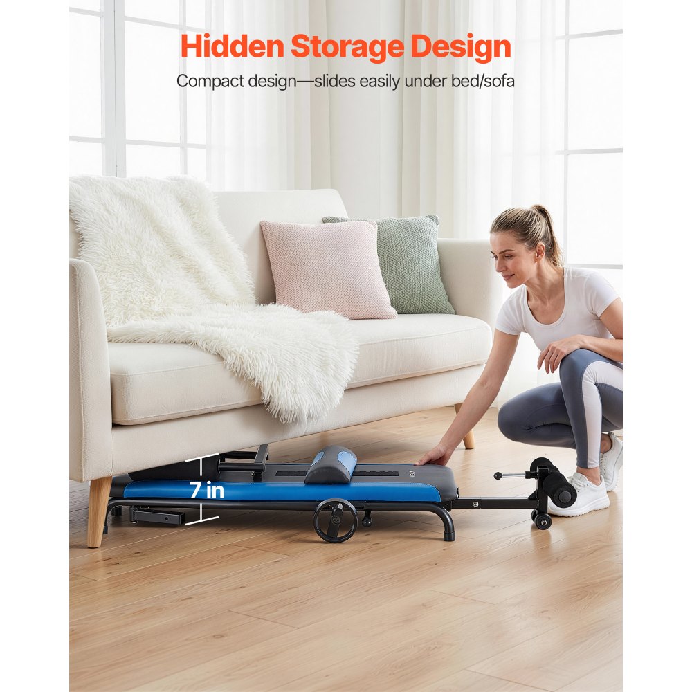 VEVOR Stretch Trainer do 160 kg, wytrzymały stół inwersyjny o stabilnej konstrukcji, trenażer pleców do odciążenia kręgosłupa i szyi, ławka do rozciągania pleców z ręcznym sterowaniem kółkiem, niebiesko-czarny