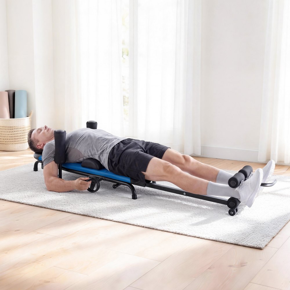 VEVOR Stretch Trainer do 160 kg, wytrzymały stół inwersyjny o stabilnej konstrukcji, trenażer pleców do odciążenia kręgosłupa i szyi, ławka do rozciągania pleców z ręcznym sterowaniem kółkiem, niebiesko-czarny