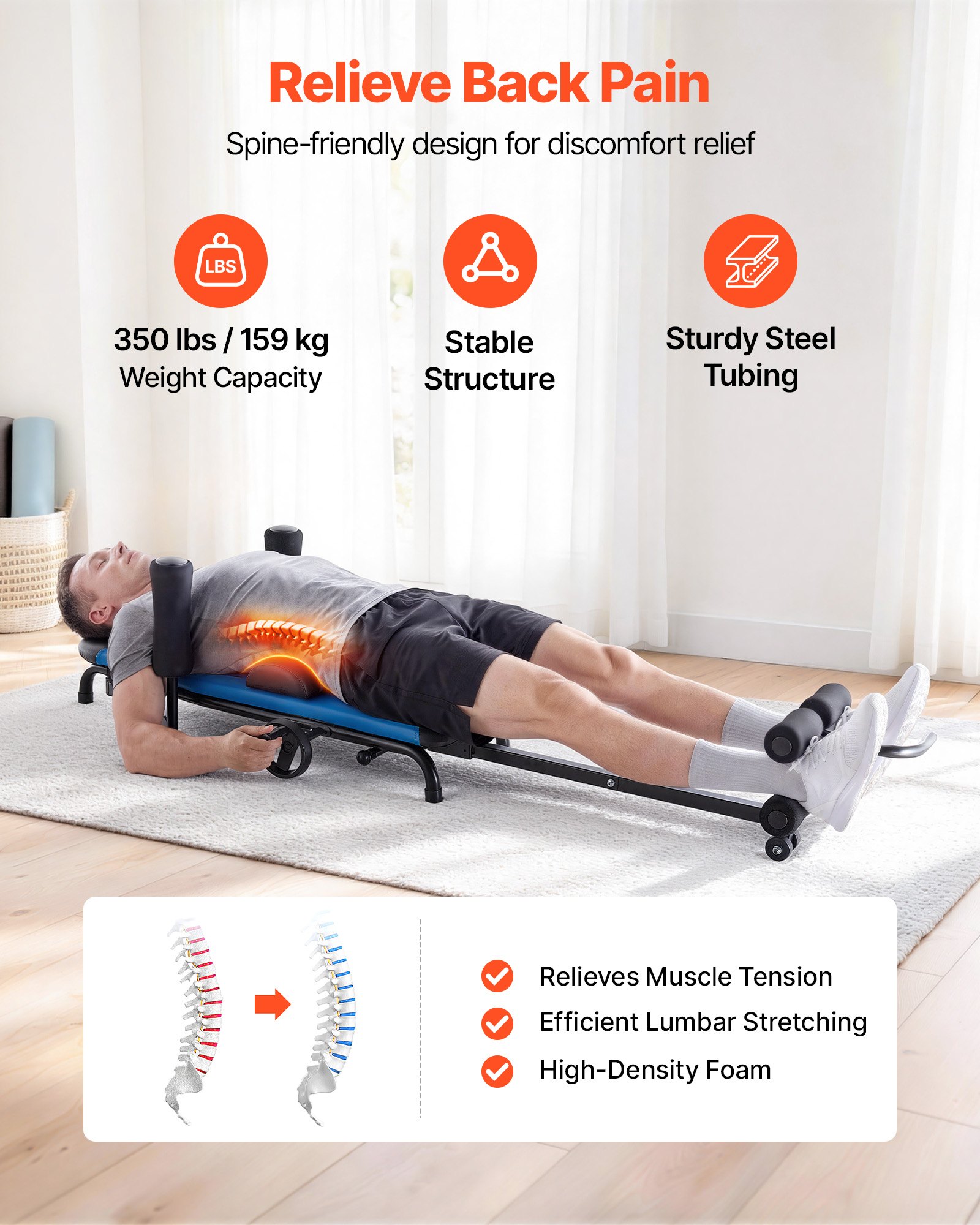 VEVOR Stretch Trainer do 160 kg, wytrzymały stół inwersyjny o stabilnej konstrukcji, trenażer pleców do odciążenia kręgosłupa i szyi, ławka do rozciągania pleców z ręcznym sterowaniem kółkiem, niebiesko-czarny