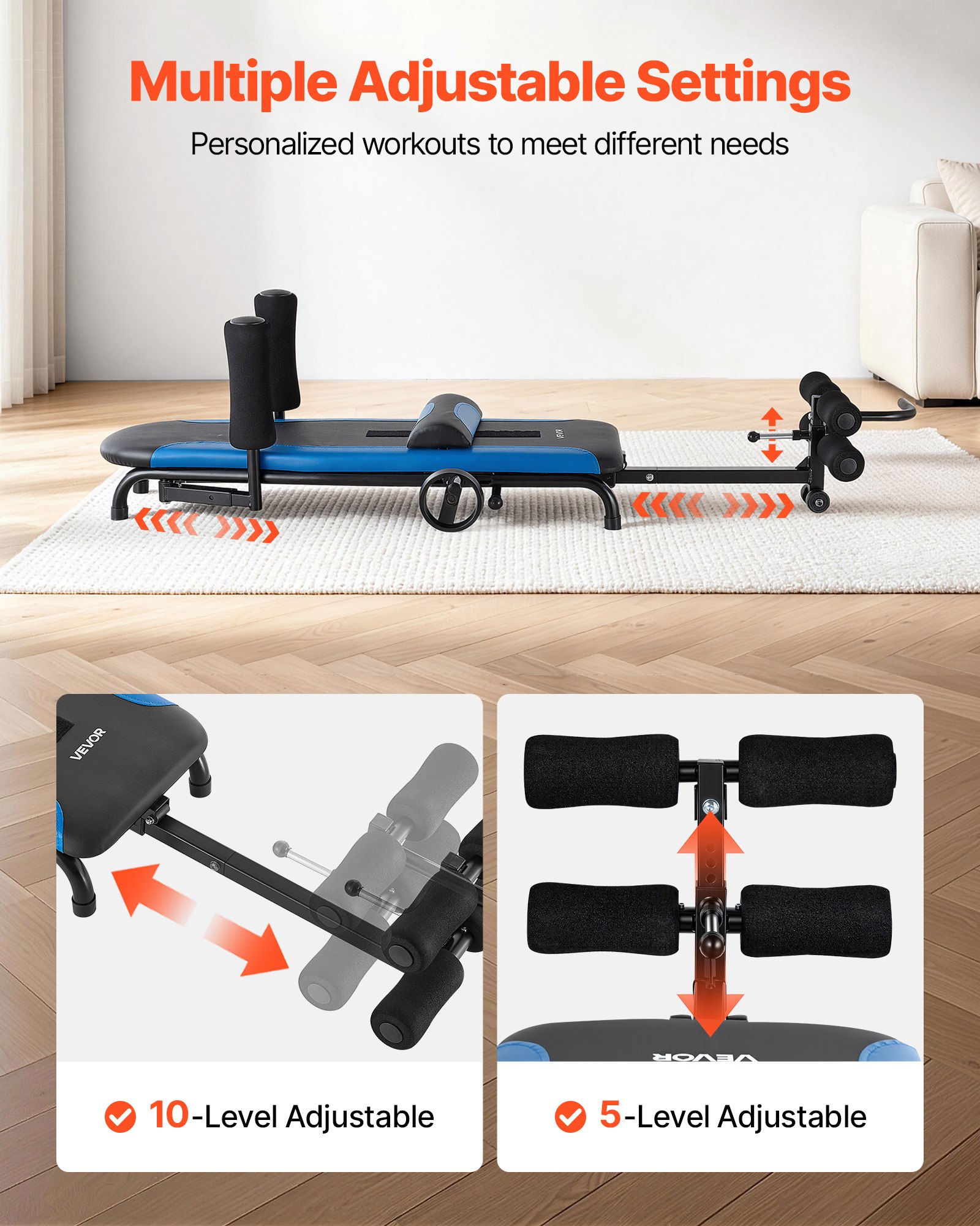 VEVOR Stretch Trainer do 160 kg, wytrzymały stół inwersyjny o stabilnej konstrukcji, trenażer pleców do odciążenia kręgosłupa i szyi, ławka do rozciągania pleców z ręcznym sterowaniem kółkiem, niebiesko-czarny