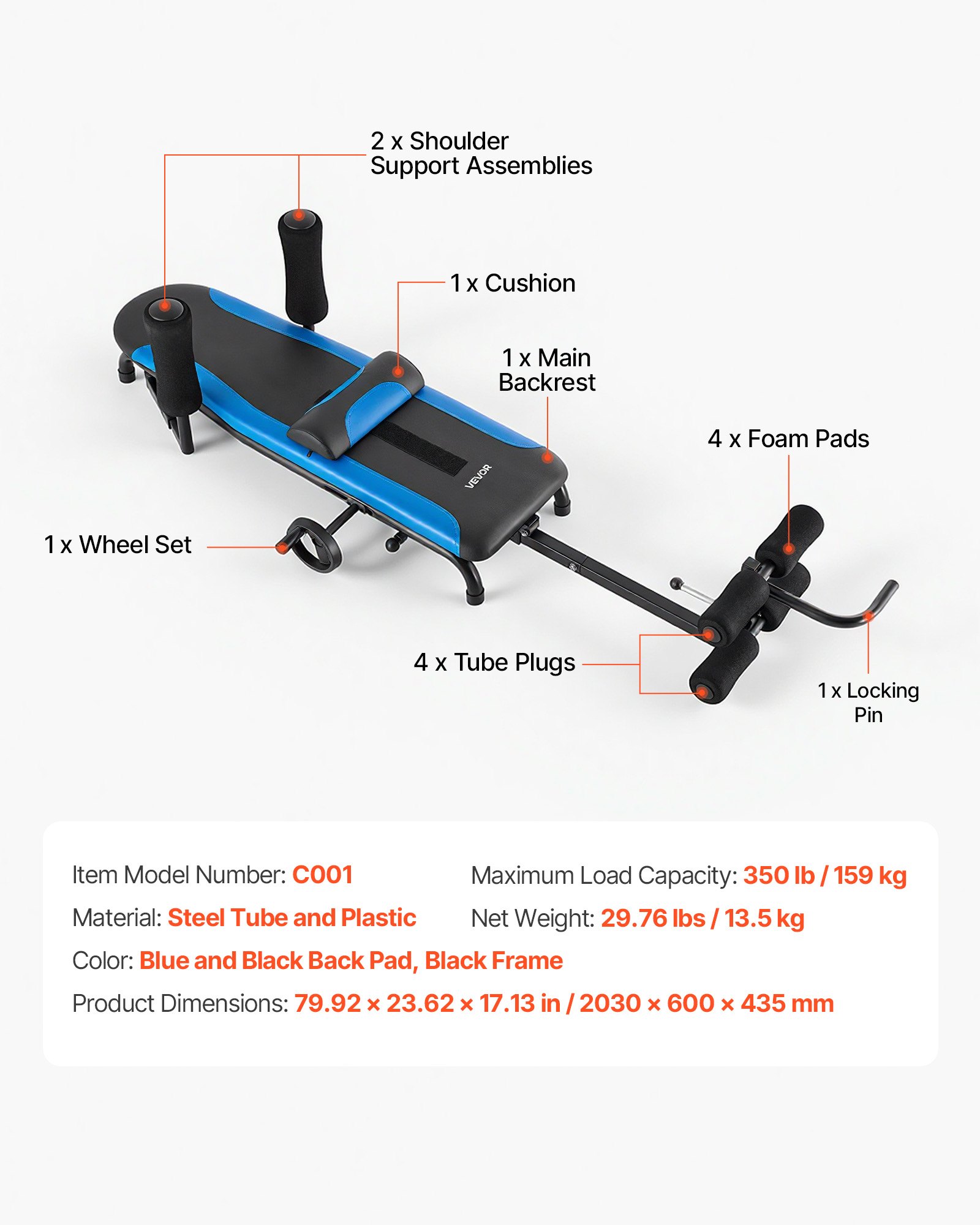 VEVOR Stretch Trainer do 160 kg, wytrzymały stół inwersyjny o stabilnej konstrukcji, trenażer pleców do odciążenia kręgosłupa i szyi, ławka do rozciągania pleców z ręcznym sterowaniem kółkiem, niebiesko-czarny