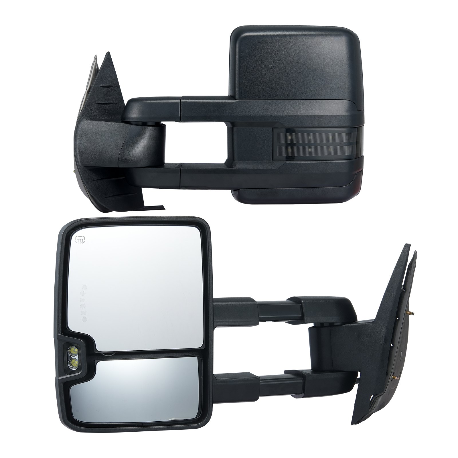 Lusterka holownicze VEVOR, zestaw lewy i prawy, para do Chevrolet Silverado (2007-2014)/GMC/Cadillac, podgrzewane elektrycznie, z kierunkowskazami i światłami do jazdy dziennej LED, ręcznie rozkładany system składania i podgrzewane odmrażanie, czarne