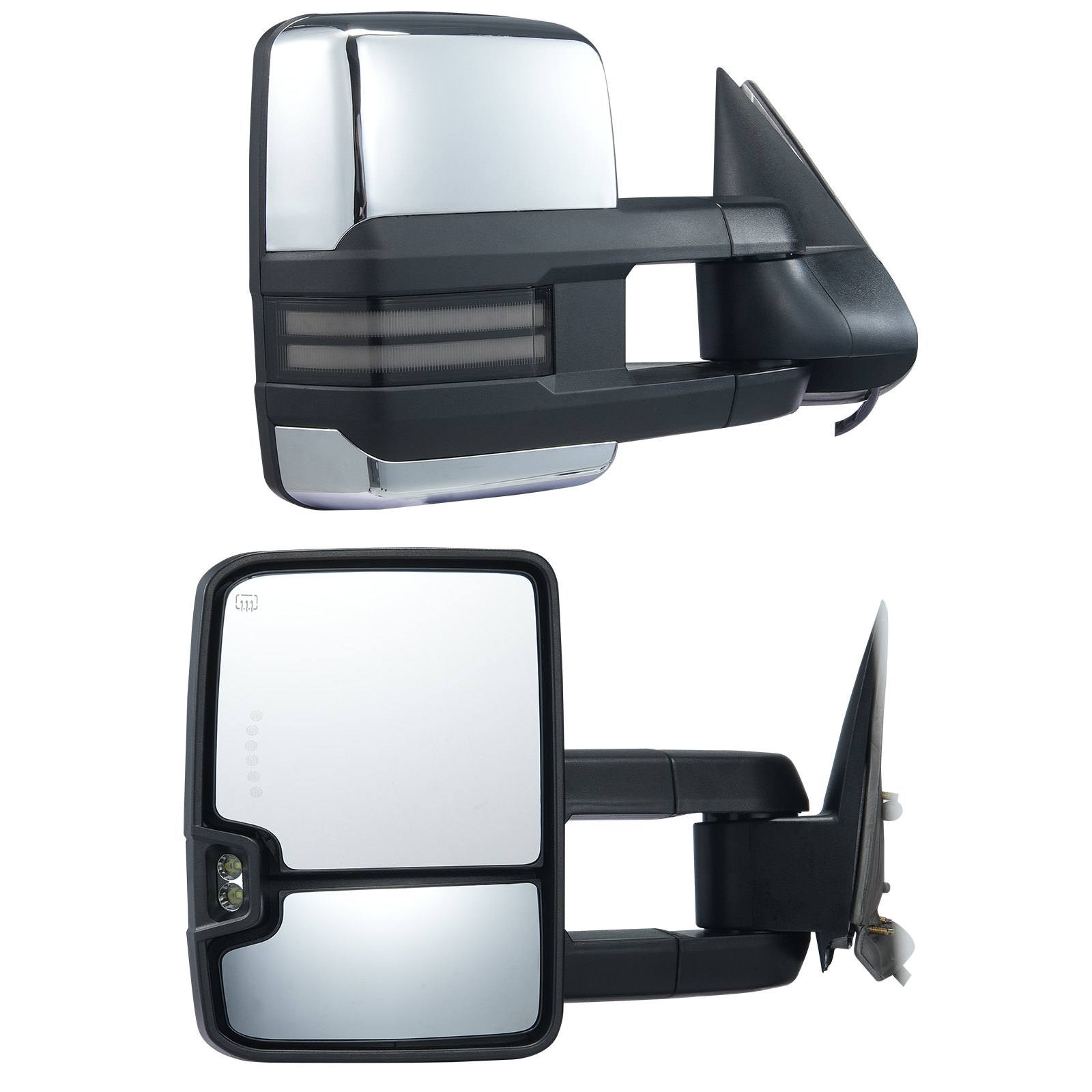Lusterka holownicze VEVOR, zestaw lewy i prawy, para do Chevrolet Silverado (2003-2007)/GMC/Cadillac, elektryczne, podgrzewane lusterko holownicze z kierunkowskazem, ręcznie sterowany system składania teleskopowego, podgrzewanie i odmrażanie, srebrne
