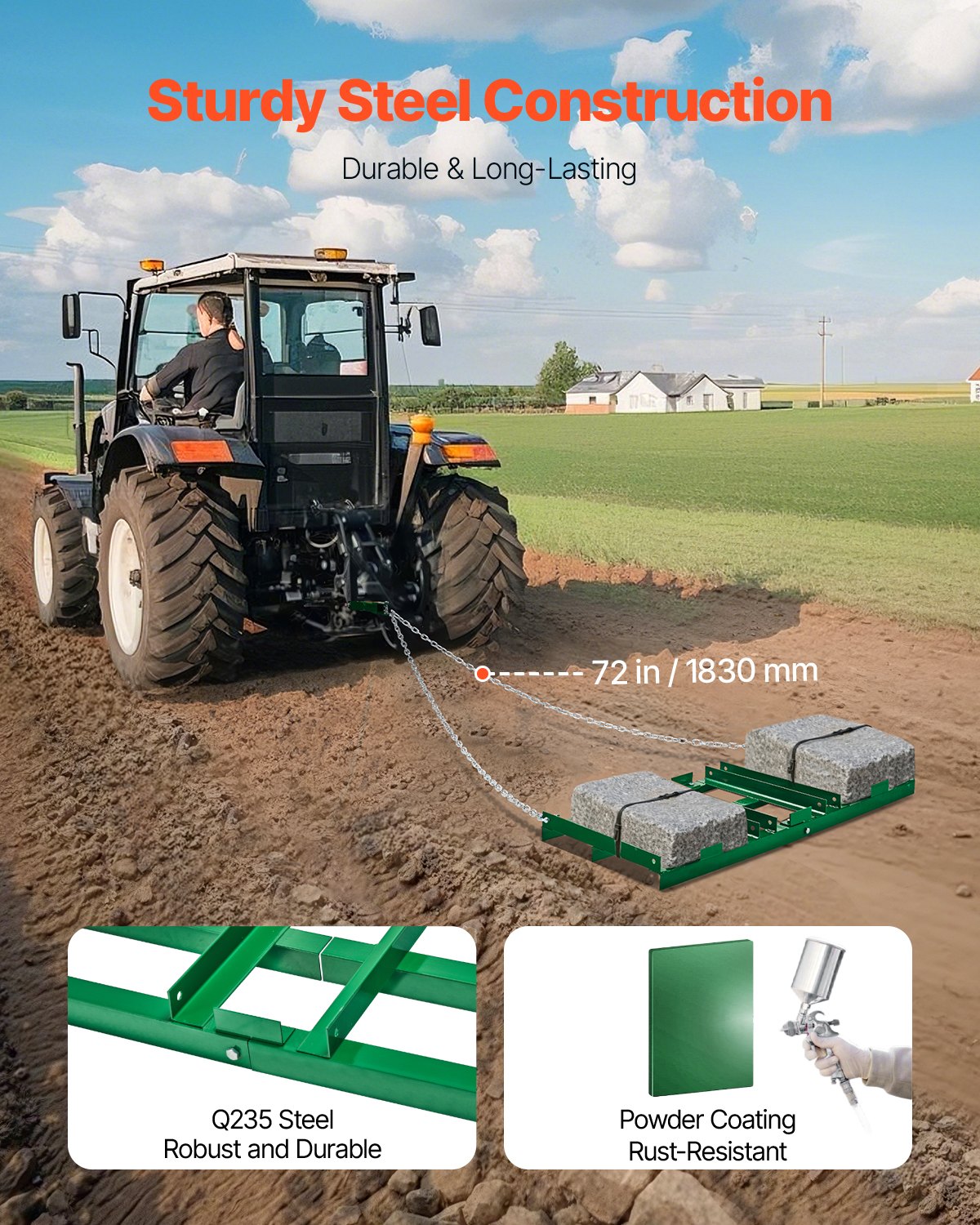 Brona ciągniona VEVOR, 1220x500x100 mm, brona łąkowa z regulowanymi prętami i łańcuchem 1830 mm, brona łąkowa do quadów, pojazdów UTV, traktorów, kosiarek do trawy, narzędzie do wyrównywania trawnika