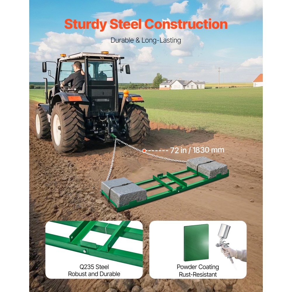 Brona zaczepiana VEVOR, 1830x500x100 mm, brona łąkowa z regulowanymi prętami i łańcuchem 183 cm, traktorek ogrodowy, brona polowa do quadów, pojazdów UTV, traktorów, kosiarek, narzędzie holownicze do gospodarstwa